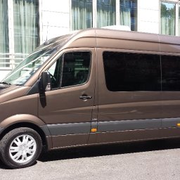 DPIVP SPÓŁKA Z OGRANICZONĄ ODPOWIEDZIALNOŚCIĄ - Brązowy, lśniący bus Mercedes-Benz Sprinter z przyciemnianymi szybami, zaparkowany na ulicy przed nowoczesnym budynkiem z dużymi oknami.