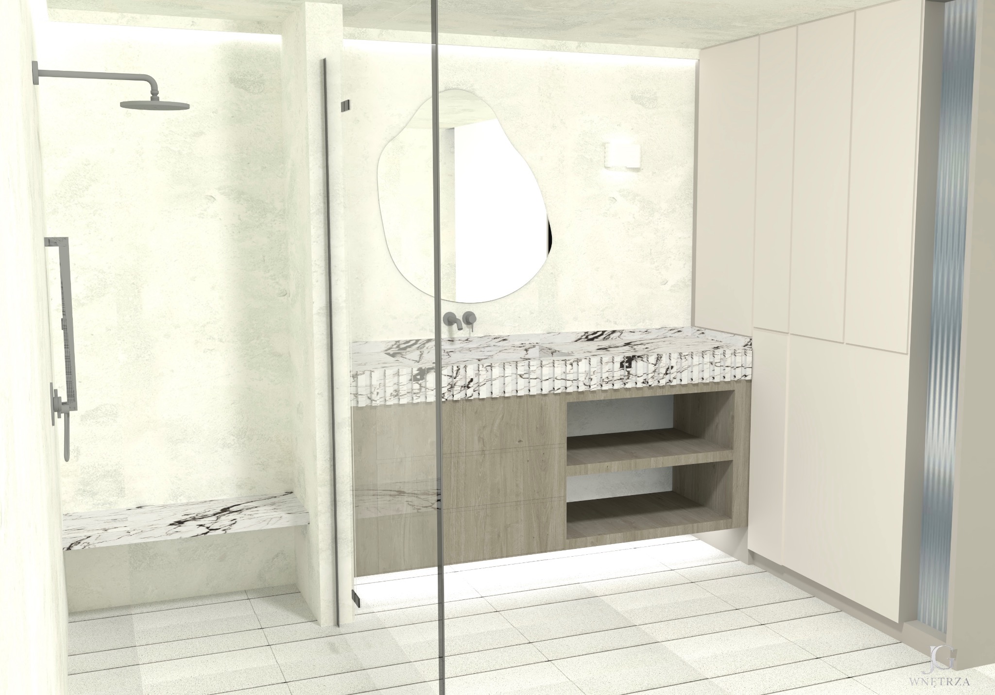 Wizualizacja łazienki w jasnych barwach z marmurowym blatem, asymetrycznym lustrem i kabiną prysznicową ze szklaną ścianą. Minimalistyczny design z akcentami drewna.