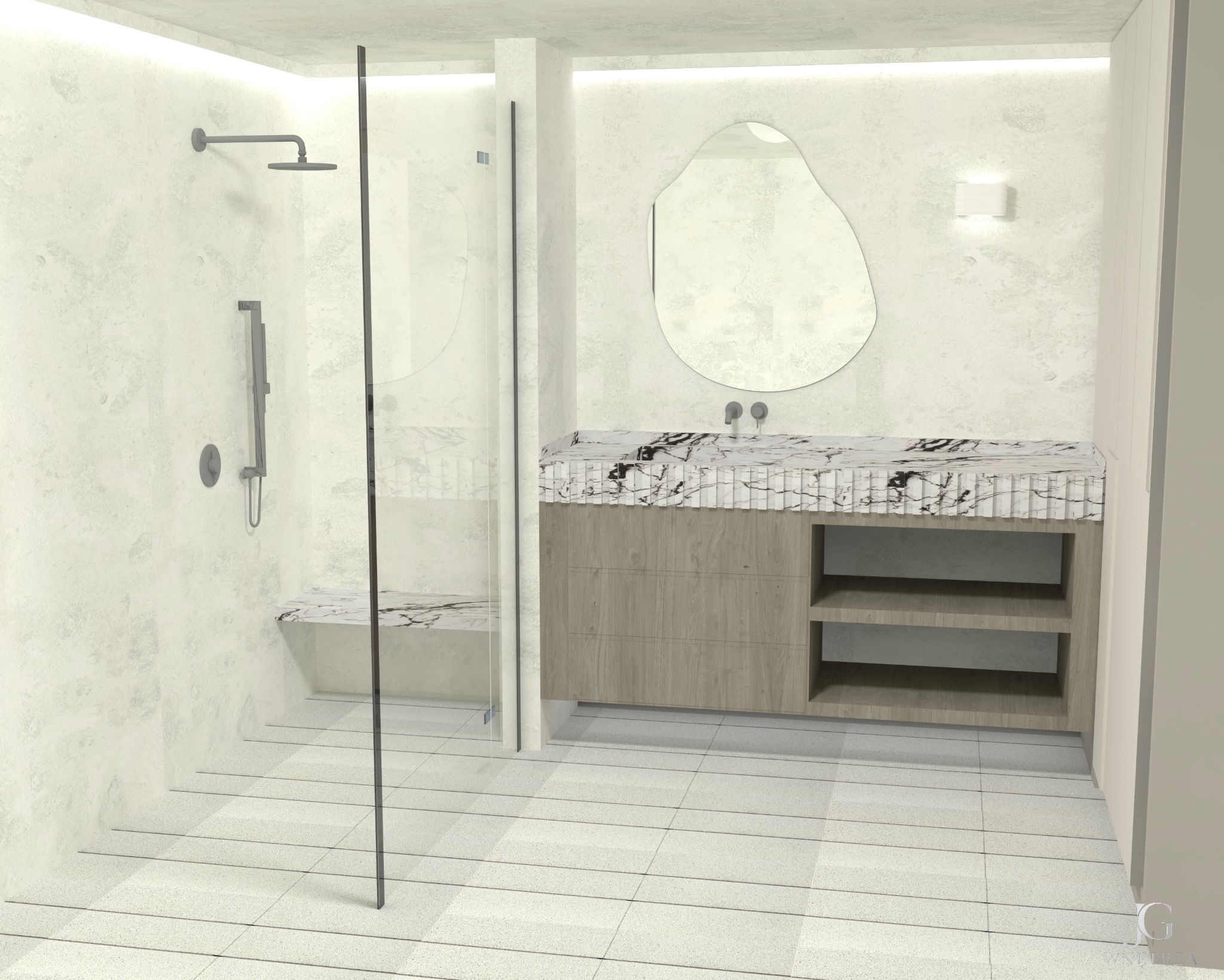 Wizualizacja łazienki z kabiną prysznicową, umywalką z szafką z drewnianymi frontami i blatem z marmuru. Na ścianie asymetryczne lustro i oświetlenie.