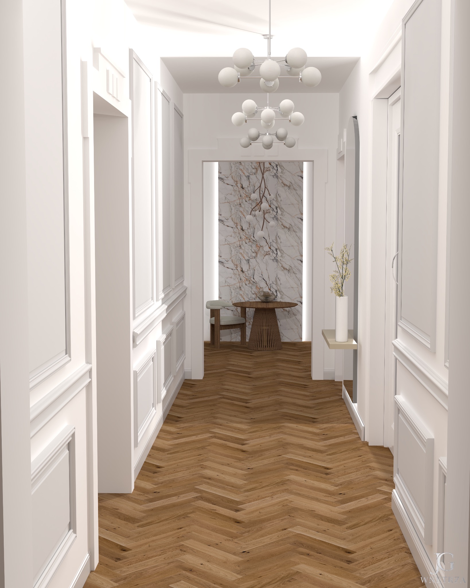Elegancki korytarz w stylu klasycznym z parkietem w jodełkę, białymi ścianami z dekoracyjnymi listwami i nowoczesnym oświetleniem. W tle marmurowa ściana i okrągły stolik.