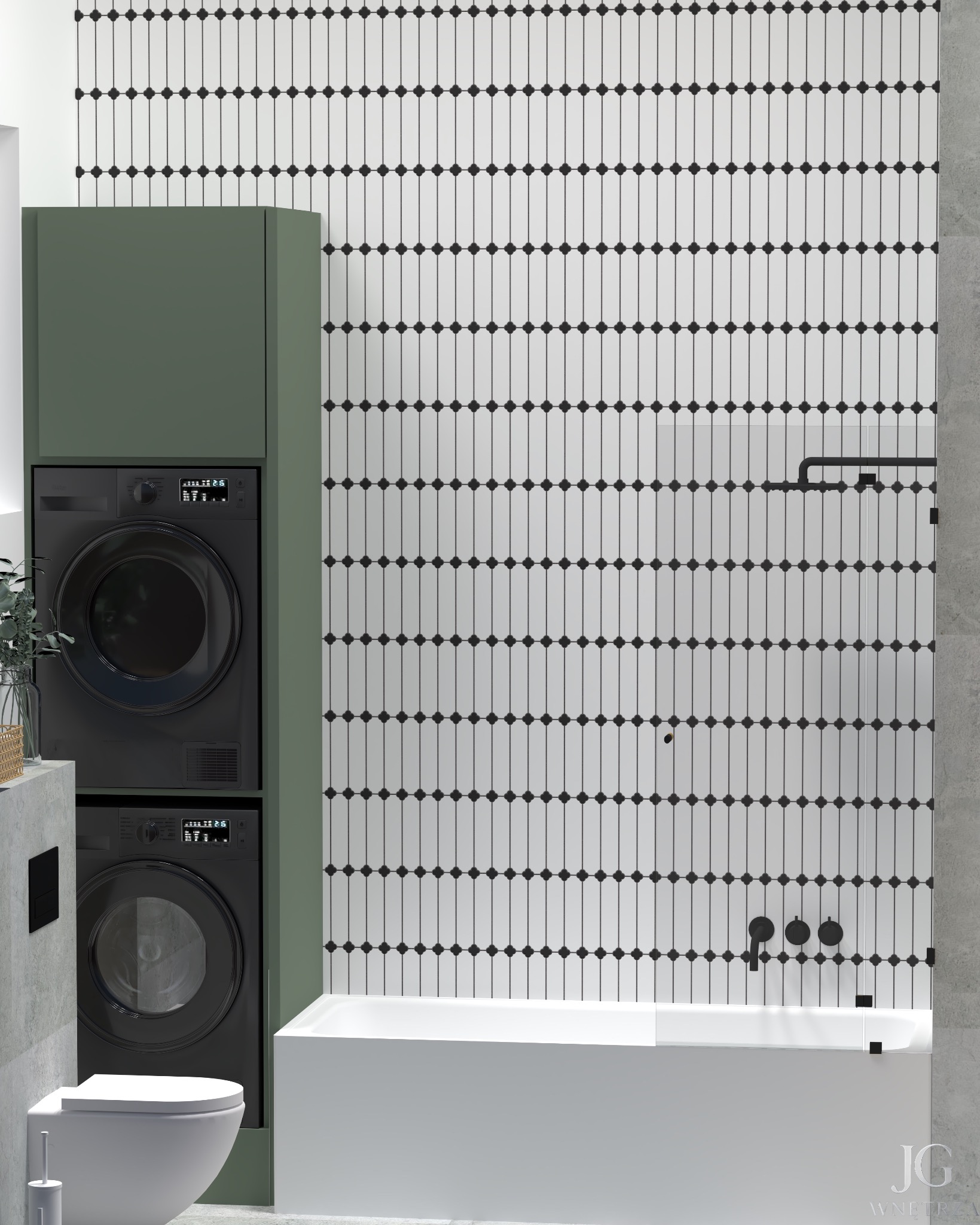Nowoczesna łazienka z pralką i suszarką w zabudowie w odcieniach zieleni, białą wanną i toaletą. Ściana wyłożona białymi płytkami z czarnymi akcentami.