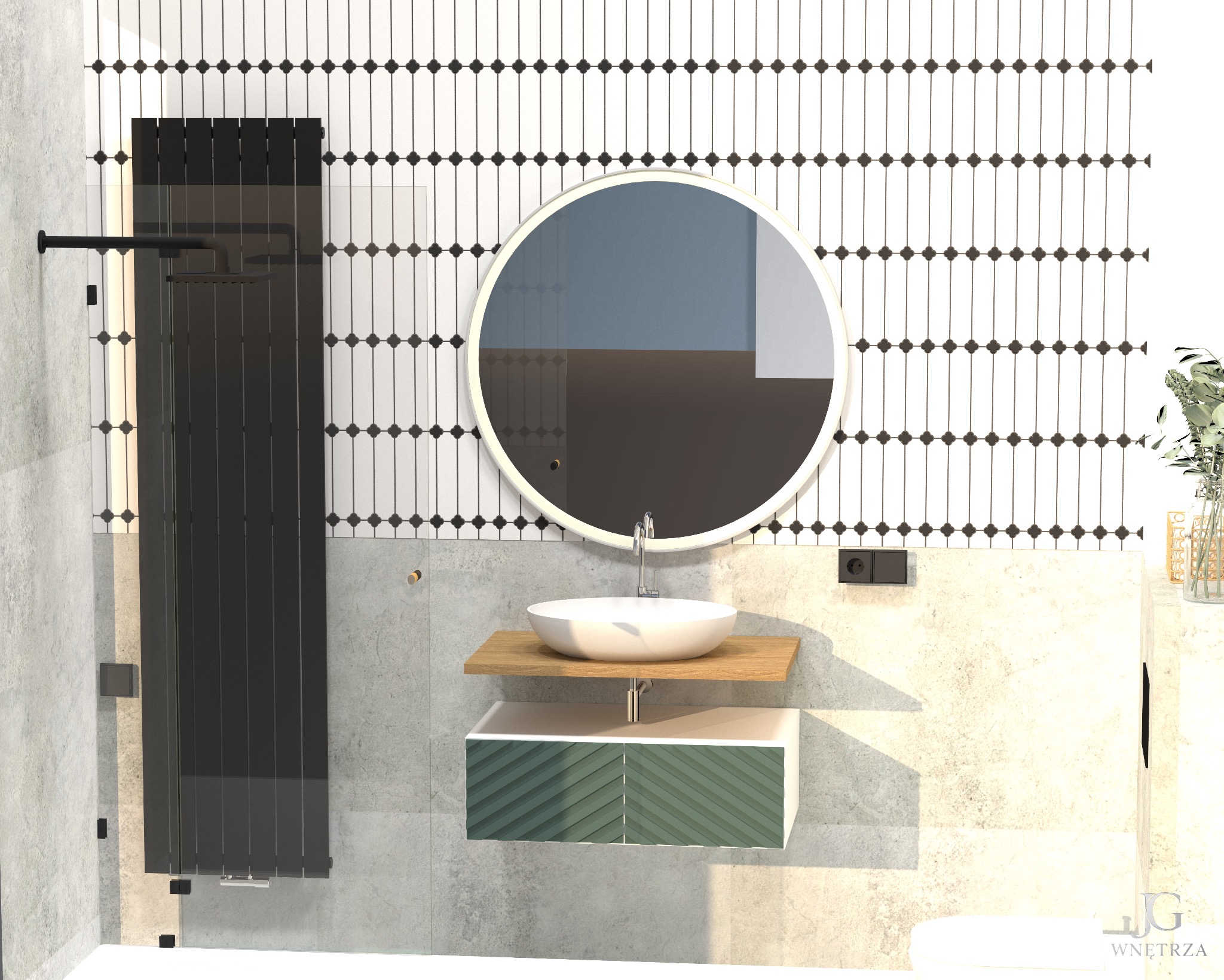 Nowoczesna łazienka z okrągłym lustrem, umywalką nablatową na drewnianym blacie i grzejnikiem drabinkowym. Biało-czarne płytki na ścianie dodają charakteru.