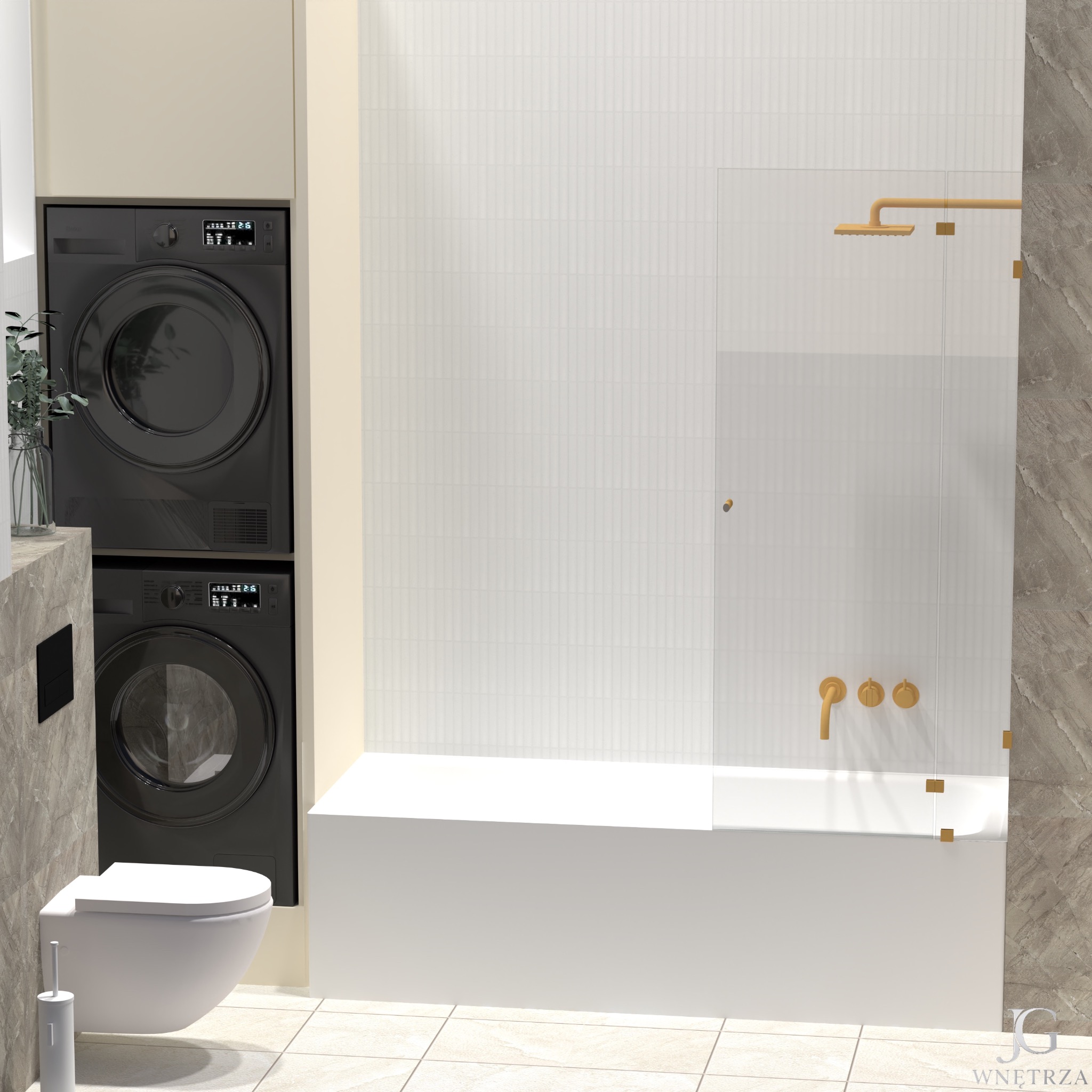 Wizualizacja nowoczesnej łazienki z pralką i suszarką w zabudowie, białą wanną z parawanem i złotą armaturą. Minimalistyczny design, jasne płytki.
