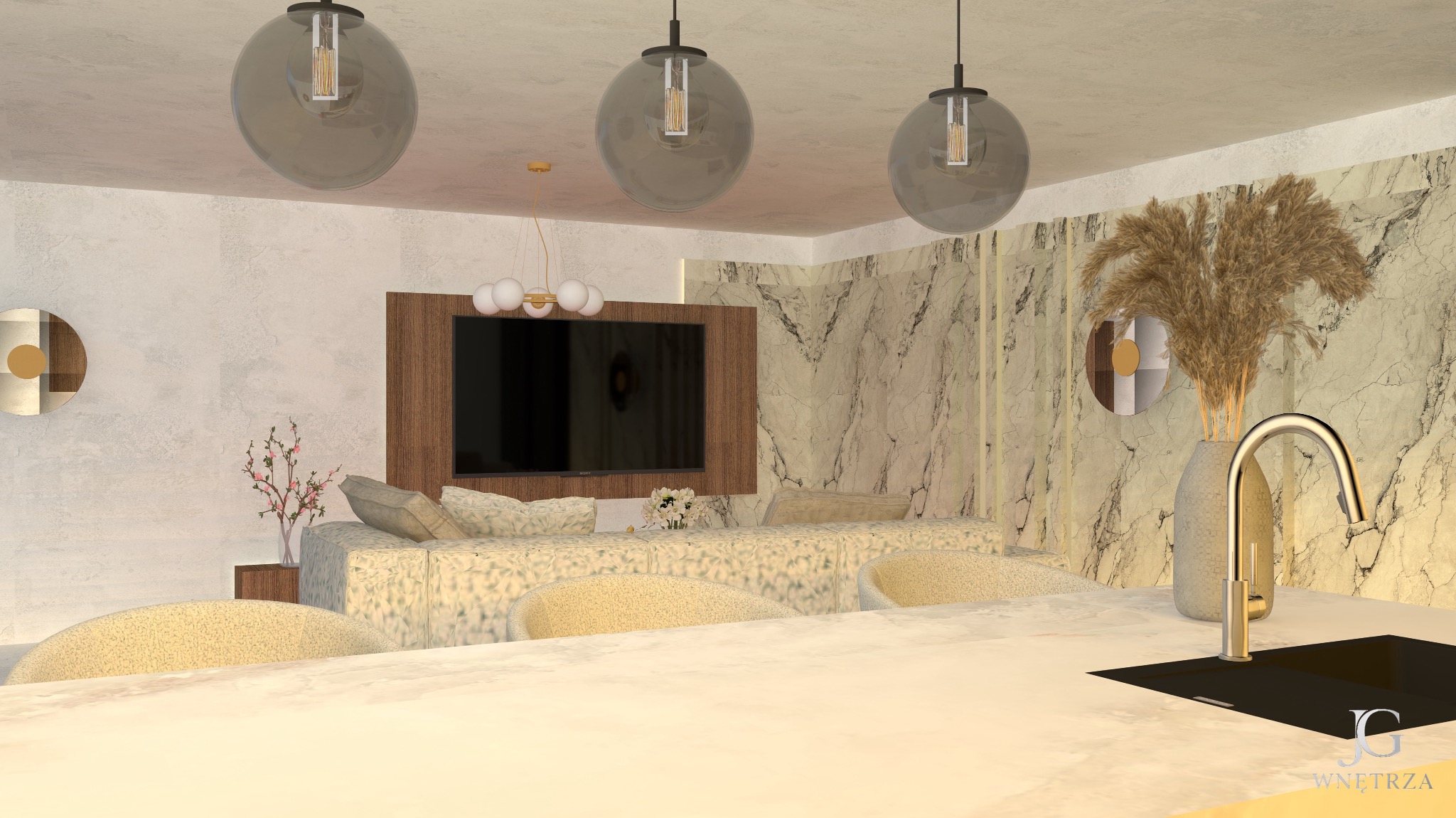 Eleganckie wnętrze z marmurową ścianą, sofą w odcieniach beżu i wiszącymi lampami. W tle telewizor i dekoracje. Ujęcie z perspektywy blatu kuchennego.
