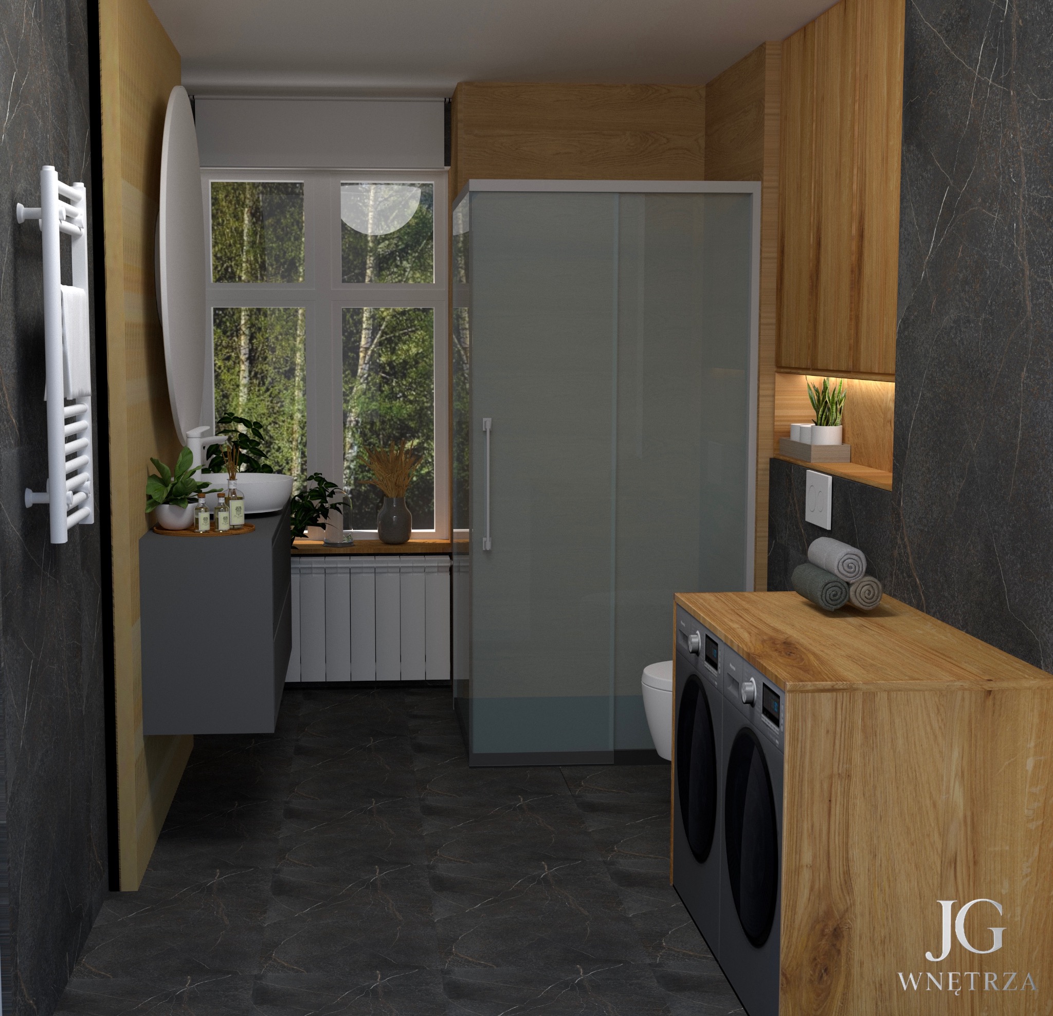 Wizualizacja nowoczesnej łazienki z kabiną prysznicową, umywalką nablatową, pralką w zabudowie i marmurowymi płytkami. Widok na okno z zielenią.