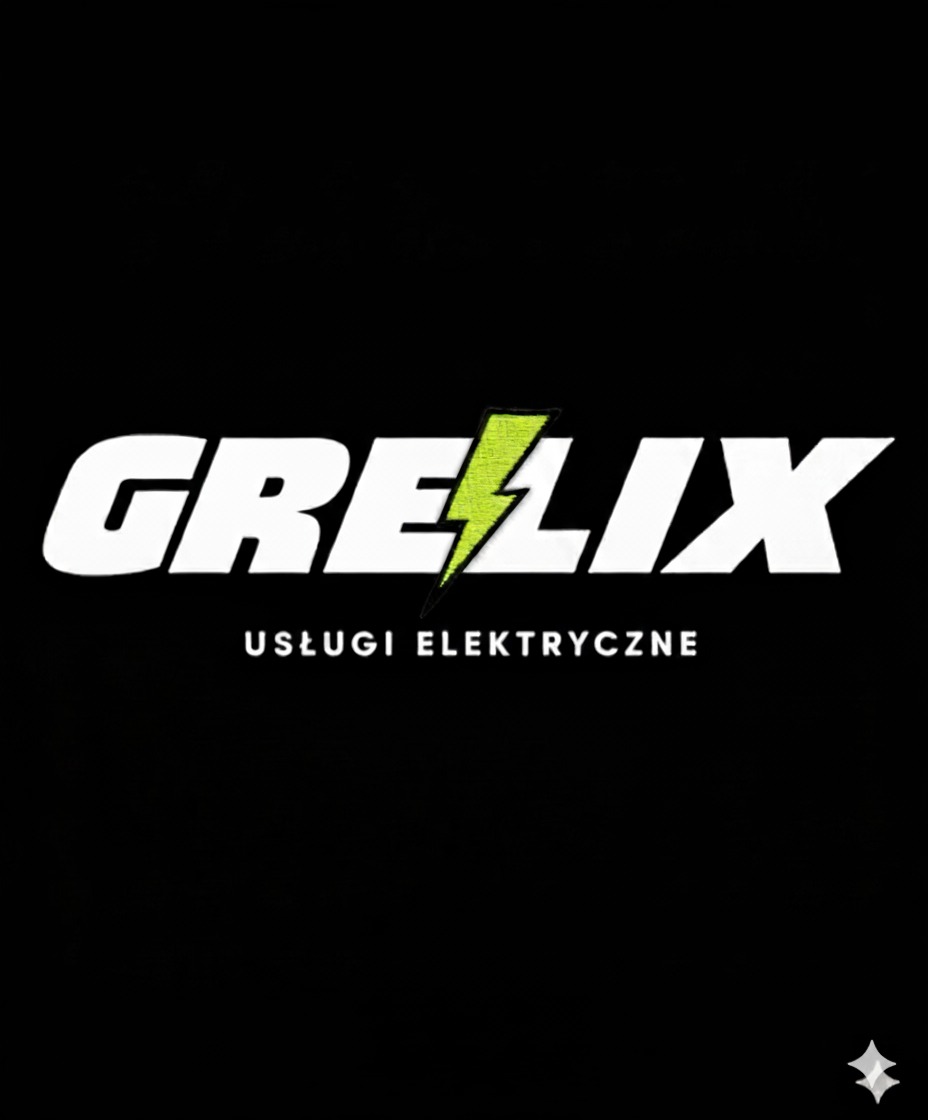Logo firmy GRELiX z zielonym symbolem błyskawicy, oferującej usługi elektryczne. Biały napis na czarnym tle.