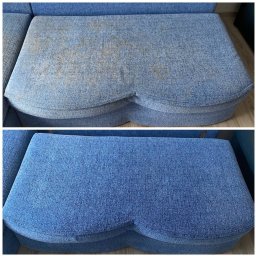 BlyskClean - Narożnik modułowy w odcieniach błękitu: góra - widoczne plamy i zabrudzenia, dół - po czyszczeniu, jednolity kolor. Efekt 'przed i po'.