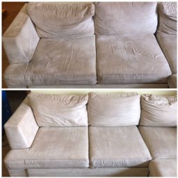 BlyskClean - Kanapa 'przed i po' czyszczeniu, widoczne różnice w zabrudzeniach. Usługa wykonana w Turek. Beżowa tapicerka po profesjonalnym odświeżeniu.