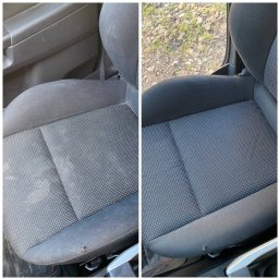 BlyskClean - Tapicerka samochodowa przed i po praniu. Widoczne różnice w czystości, szczególnie na siedzisku. Materiał w drobne kropki. Ujęcie z bliska, z boku.