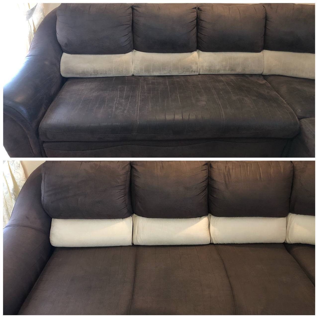 Brązowa kanapa narożna przed i po czyszczeniu. Widoczna różnica w odświeżeniu tapicerki, szczególnie na siedzisku. Efekt prania tapicerki.