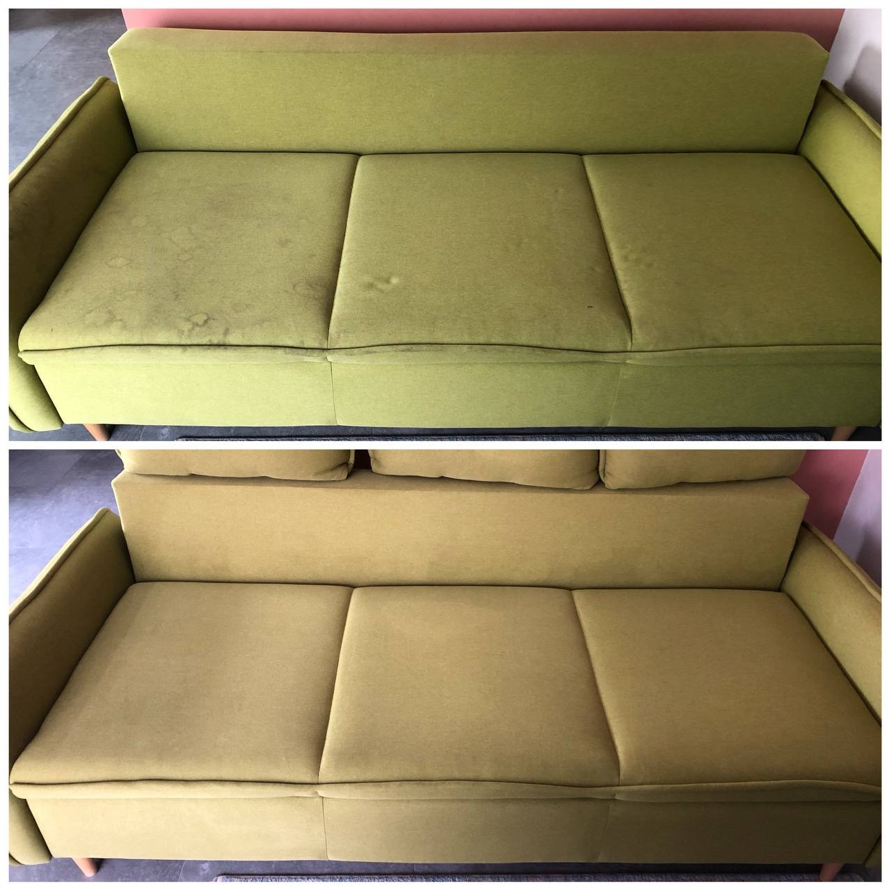 Zdjęcie 'przed i po' przedstawia zieloną kanapę. Górna część pokazuje zabrudzenia, dolna - efekt prania, czystą tapicerkę. Widoczne nóżki i fragment ściany.