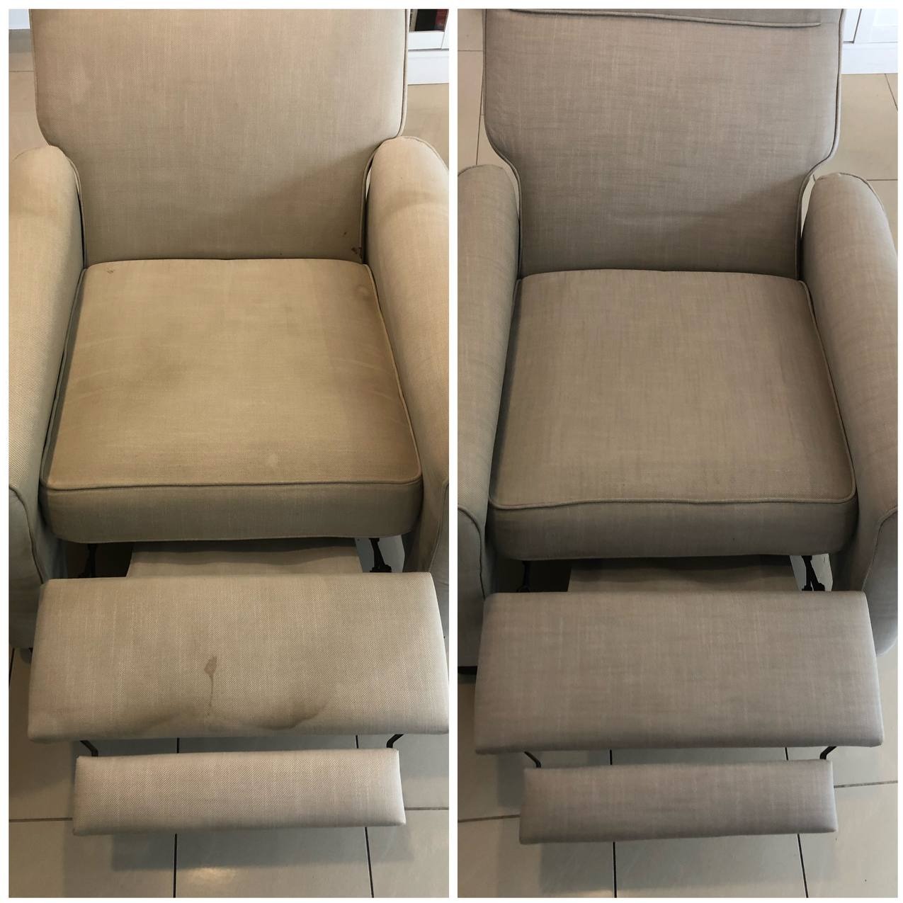 Fotel z wysuwanym podnóżkiem: po lewej widoczne zabrudzenia, po prawej fotel po czyszczeniu, ukazujący efekt usługi.