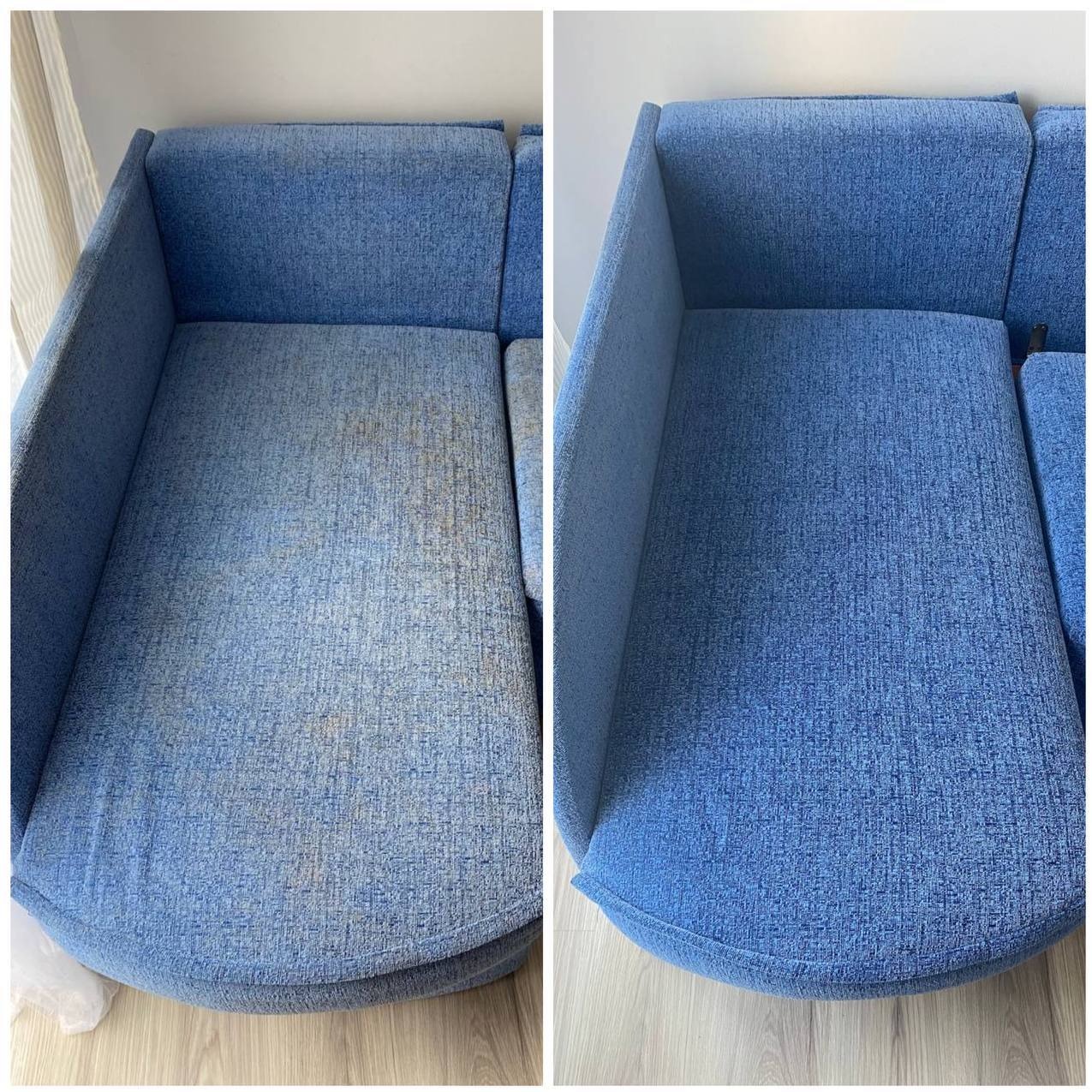 Narożnik z niebieską tapicerką w układzie 'przed i po' czyszczeniu. Po lewej widoczne zabrudzenia, po prawej czysta, odświeżona powierzchnia.