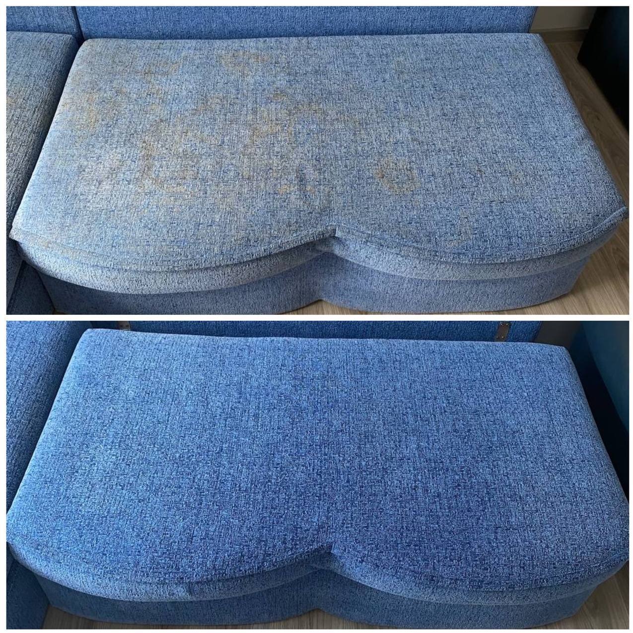 Narożnik modułowy w odcieniach błękitu: góra - widoczne plamy i zabrudzenia, dół - po czyszczeniu, jednolity kolor. Efekt 'przed i po'.