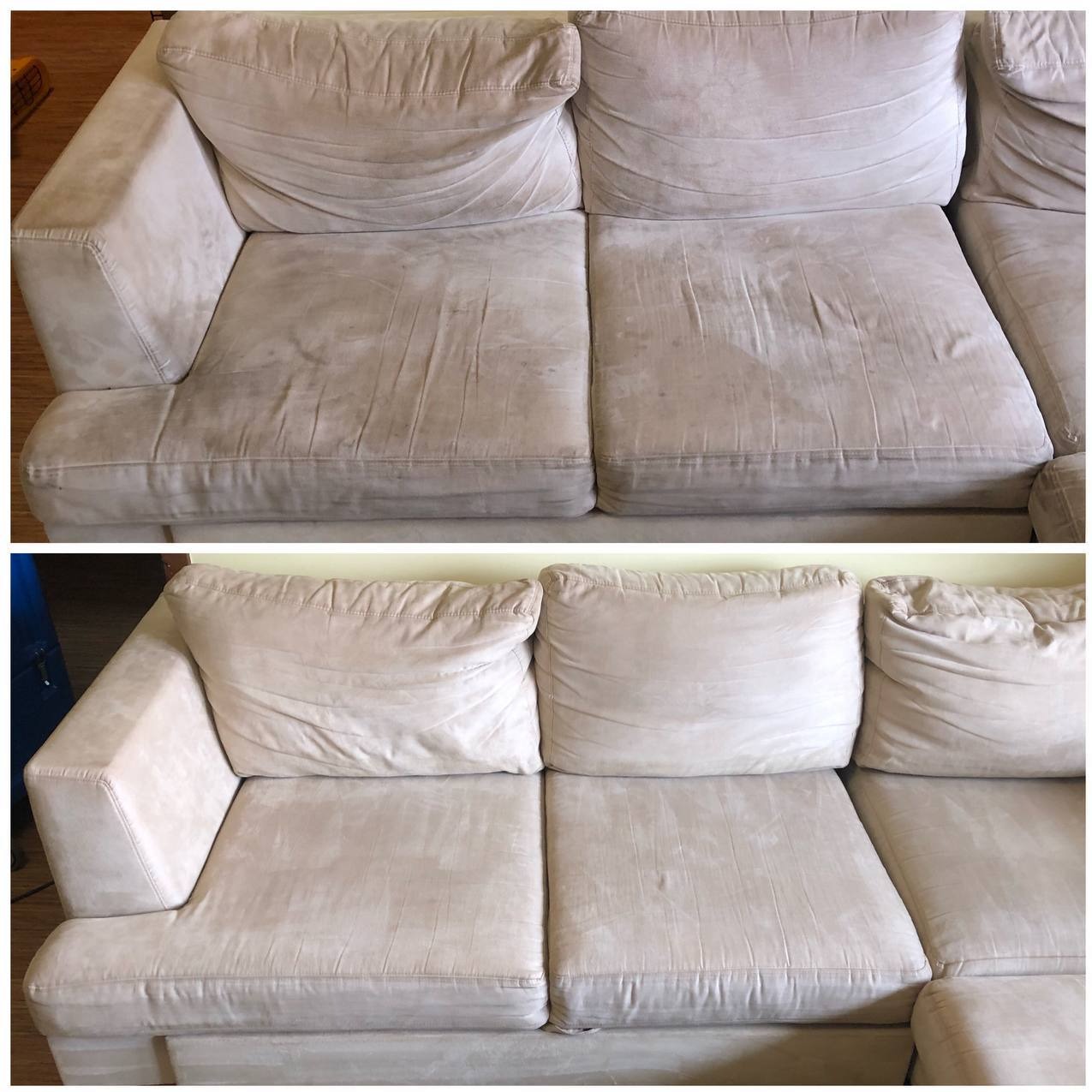 Kanapa 'przed i po' czyszczeniu, widoczne różnice w zabrudzeniach. Usługa wykonana w Turek. Beżowa tapicerka po profesjonalnym odświeżeniu.