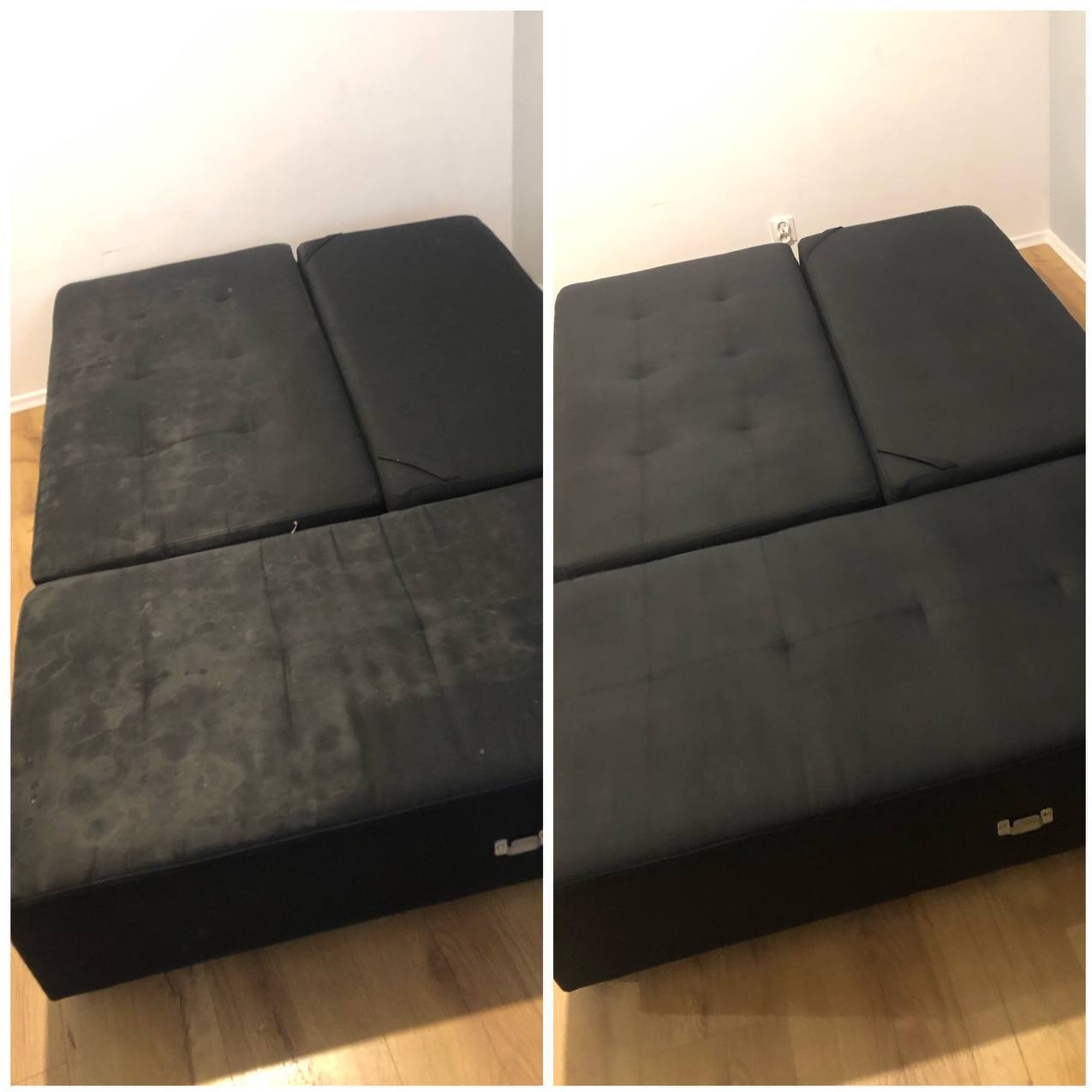 Ciemna kanapa modułowa przed i po czyszczeniu, widoczne wyraźne kontrasty zabrudzeń i efektów prania na poszczególnych segmentach. Ujęcie z góry, parkiet w tle.