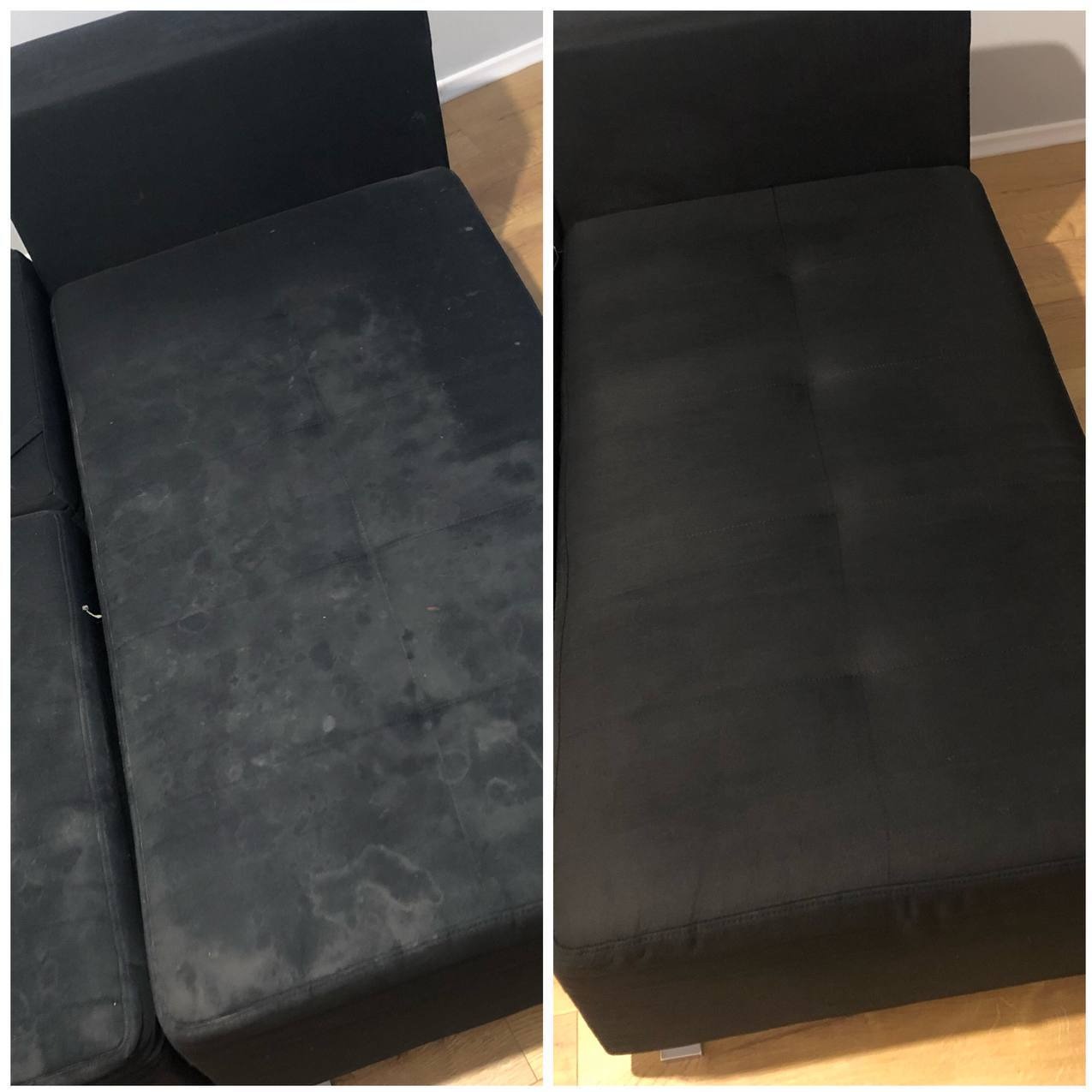 Ciemna kanapa przed i po czyszczeniu. Po lewej widoczne plamy i zabrudzenia, po prawej czysta, odświeżona tapicerka. Efekt czyszczenia widoczny na całej powierzchni.