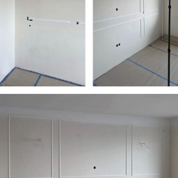 Idea Dom Usługi Remontowo-Wykończeniowe Wojciech Zakrzewski - Montaż sztukaterii na ścianie w pokoju. Widoczne etapy pracy: wyznaczanie linii laserem, przyklejanie listew i efekt końcowy. Podłoga zabezpieczona taśmą.