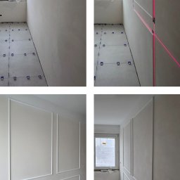 Idea Dom Usługi Remontowo-Wykończeniowe Wojciech Zakrzewski - Cztery kadry z remontu: surowa ściana, poziomowanie laserem, gotowa sztukateria na ścianie, widok na okno i podłogę z elementami poziomującymi płytki.