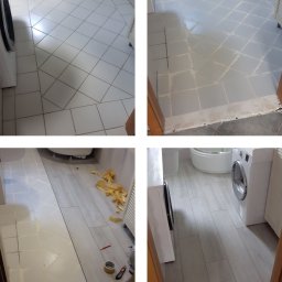 Idea Dom Usługi Remontowo-Wykończeniowe Wojciech Zakrzewski - Remont łazienki: etap wymiany płytek na panele winylowe. Widoczne narzędzia, fragment starej i nowej podłogi. Ujęcie z góry, z bliska, w naturalnym oświetleniu.