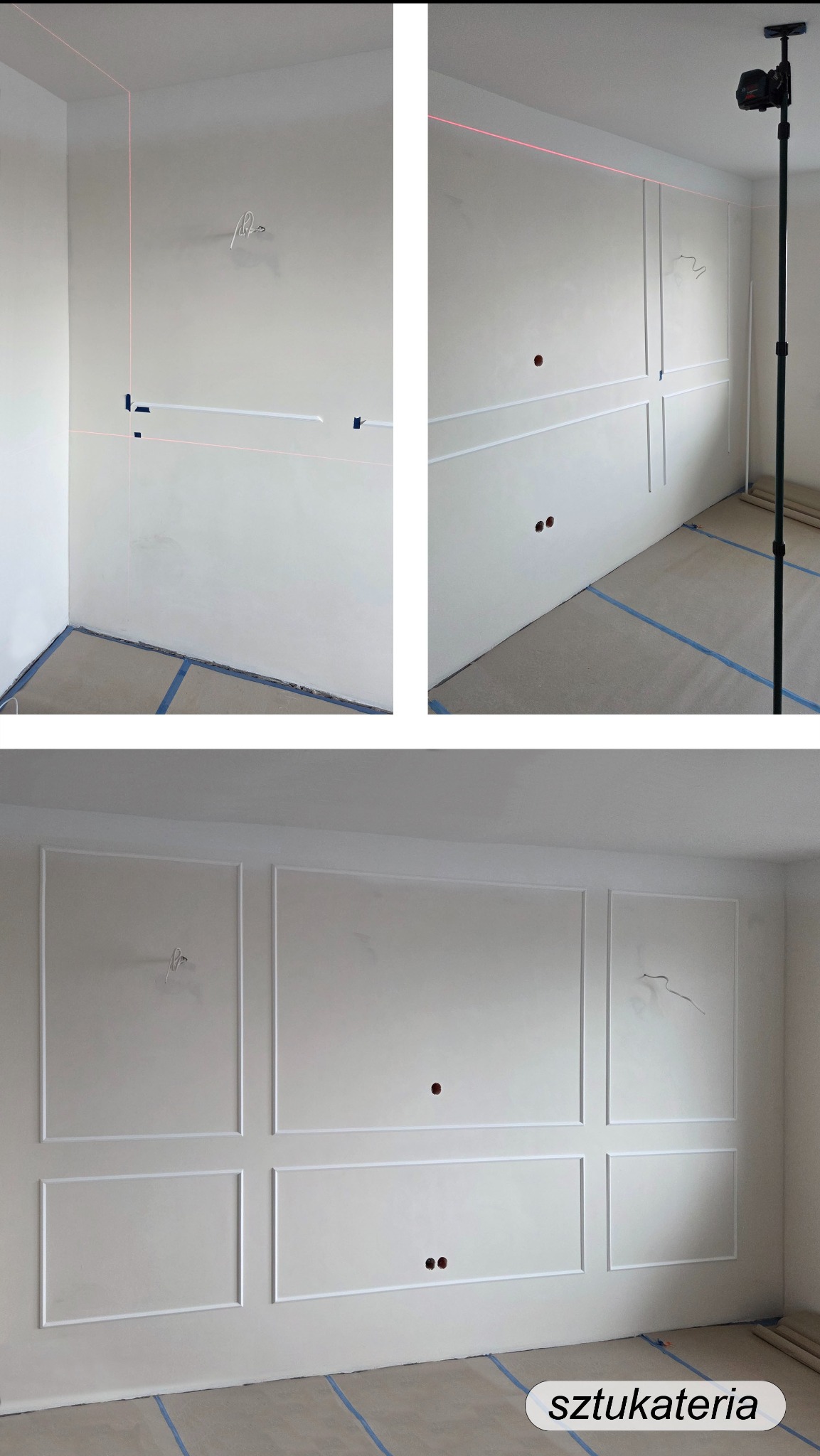 Montaż sztukaterii na ścianie w pokoju. Widoczne etapy pracy: wyznaczanie linii laserem, przyklejanie listew i efekt końcowy. Podłoga zabezpieczona taśmą.