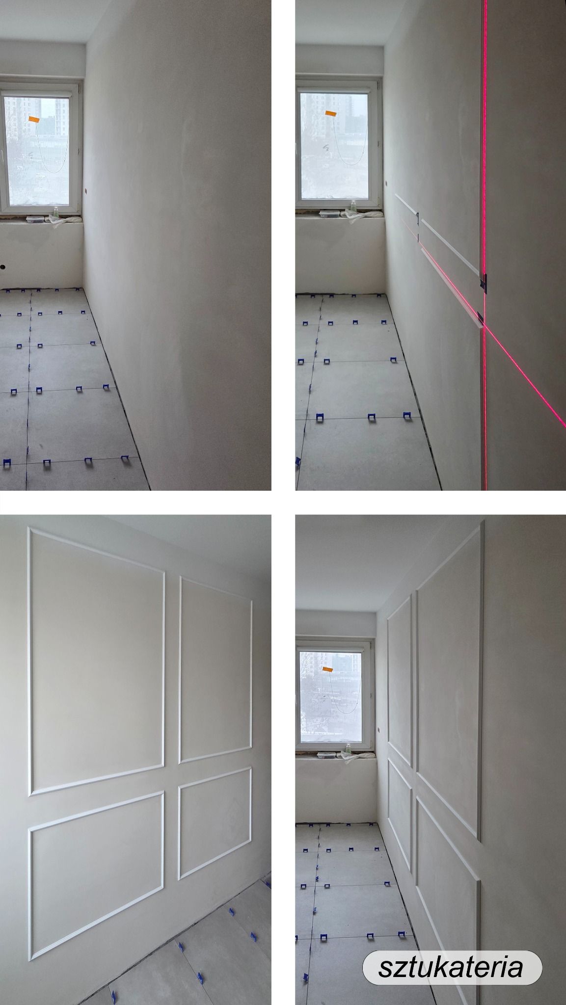Cztery kadry z remontu: surowa ściana, poziomowanie laserem, gotowa sztukateria na ścianie, widok na okno i podłogę z elementami poziomującymi płytki.