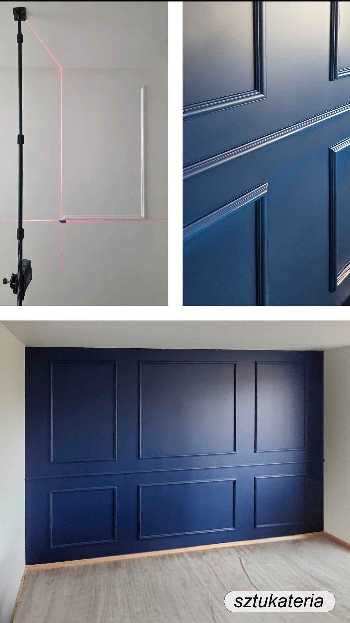 Granatowa ściana z dekoracyjnymi panelami w stylu angielskim. Na górze kadru widoczny laser krzyżowy, wyznaczający linie montażu. Podłoga wykończona panelami.
