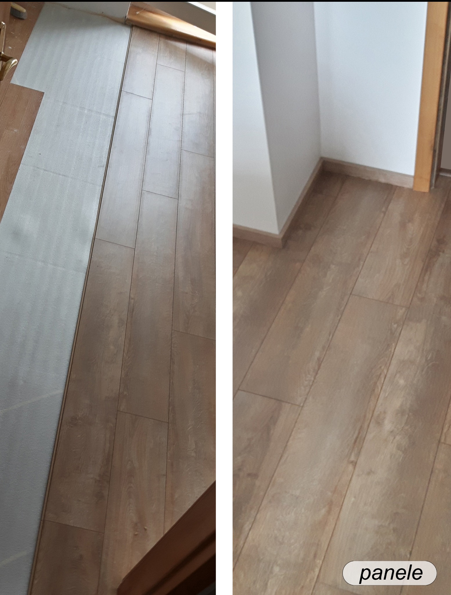 Układanie paneli podłogowych: widok na podkład i panele w trakcie montażu, z fragmentem wykończonej podłogi przy ścianie. Jasne, drewnopodobne panele.