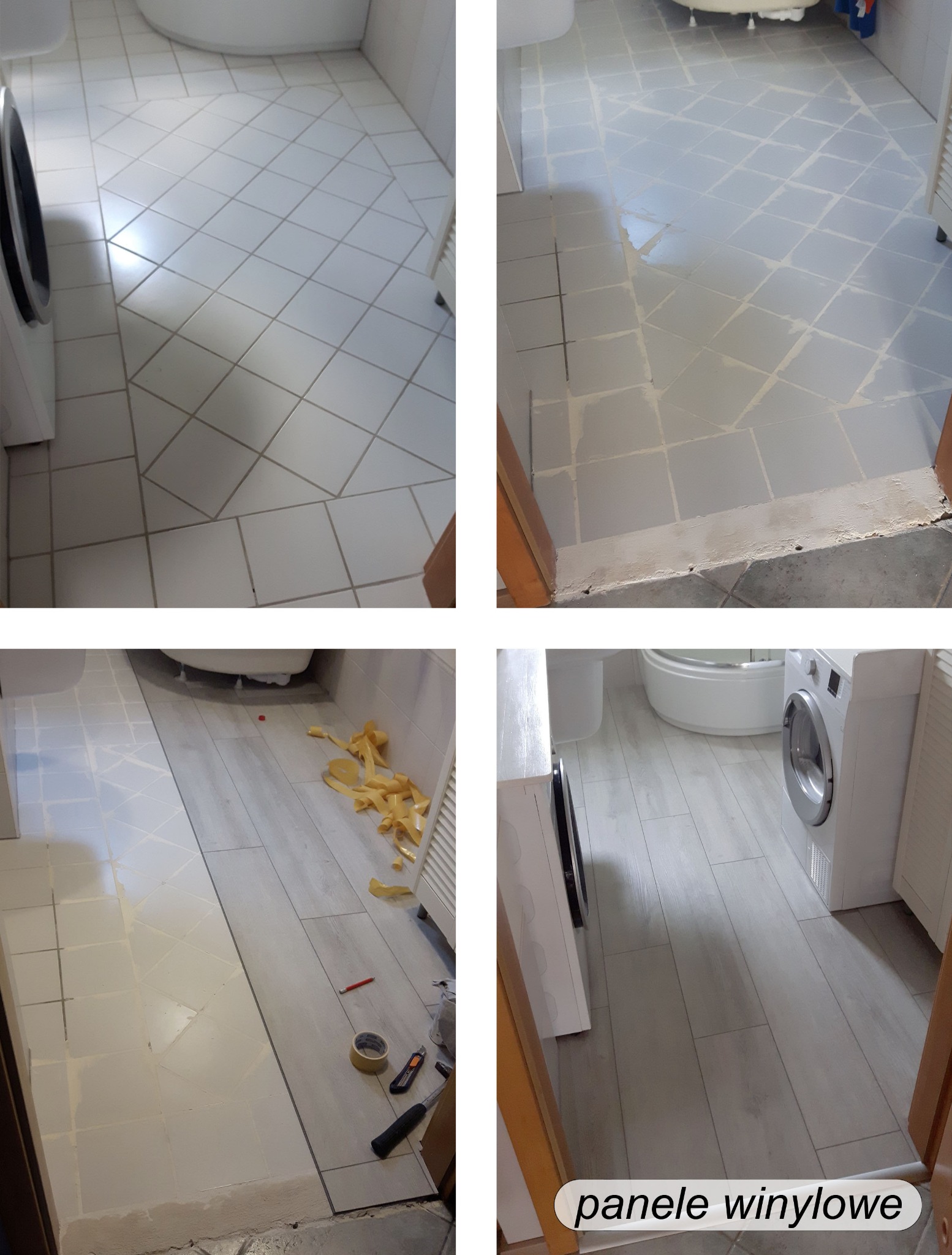 Remont łazienki: etap wymiany płytek na panele winylowe. Widoczne narzędzia, fragment starej i nowej podłogi. Ujęcie z góry, z bliska, w naturalnym oświetleniu.