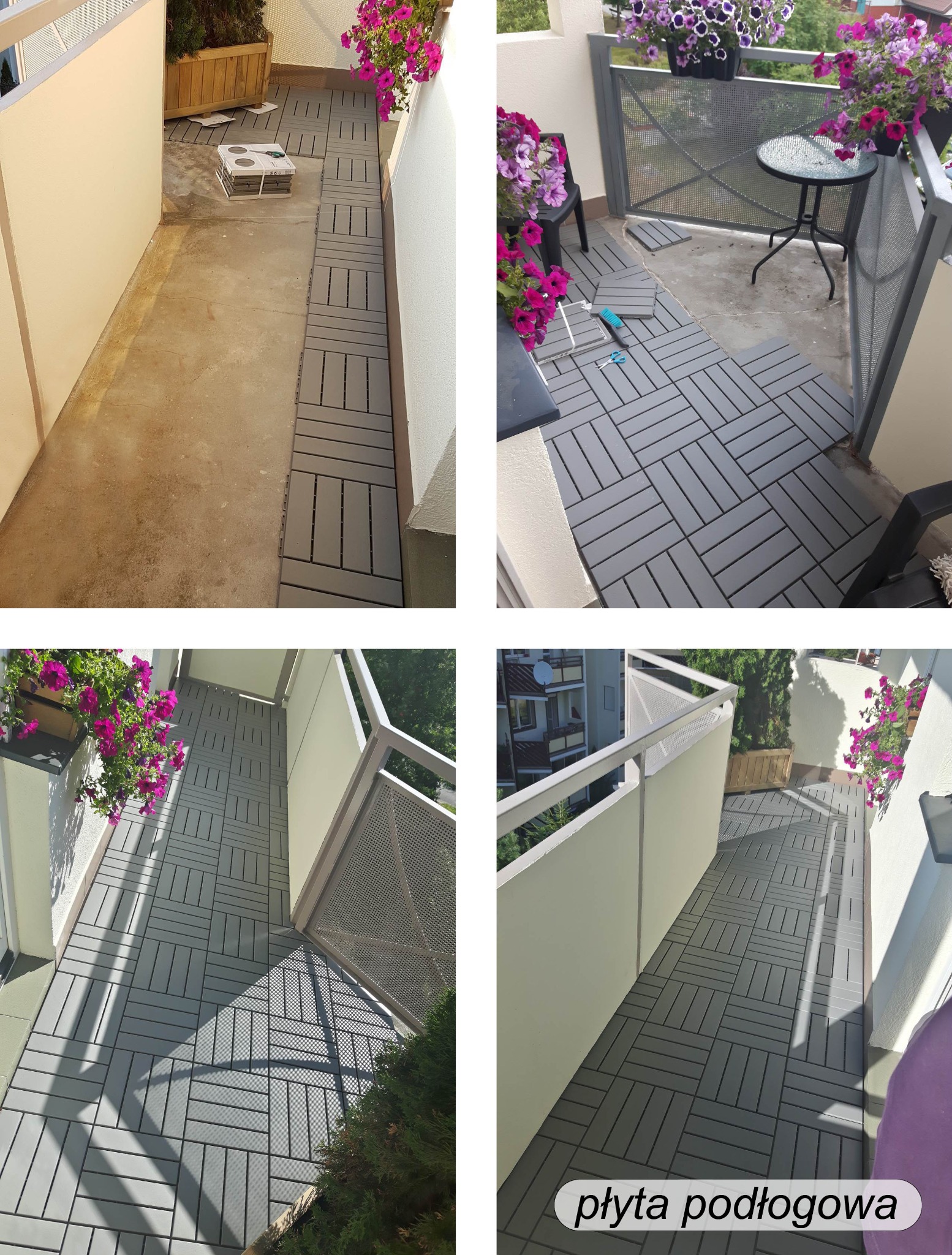 Szare, prostokątne płyty podłogowe ułożone na balkonie w jodełkę. Widoczne kwiaty w donicach, metalowa balustrada i częściowo ułożone płyty.