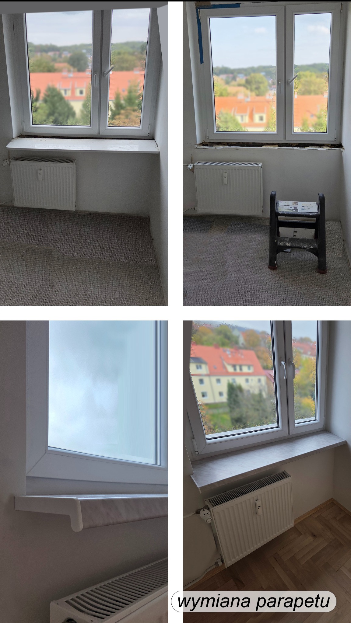 Czteropanelowe zdjęcie: wymiana parapetu okiennego. Widok przed i po, ukazujący różnicę w estetyce i wykończeniu. Nowy parapet o marmurkowej fakturze, dopasowany do wnętrza.