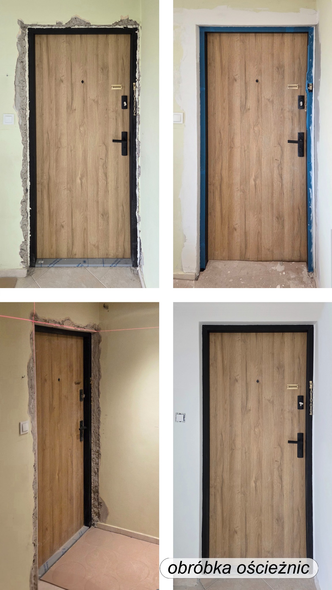 Cztery etapy montażu drzwi: surowy otwór, zabezpieczona ościeżnica, poziomowanie laserem, finalny efekt z białą ścianą i czarną ościeżnicą.