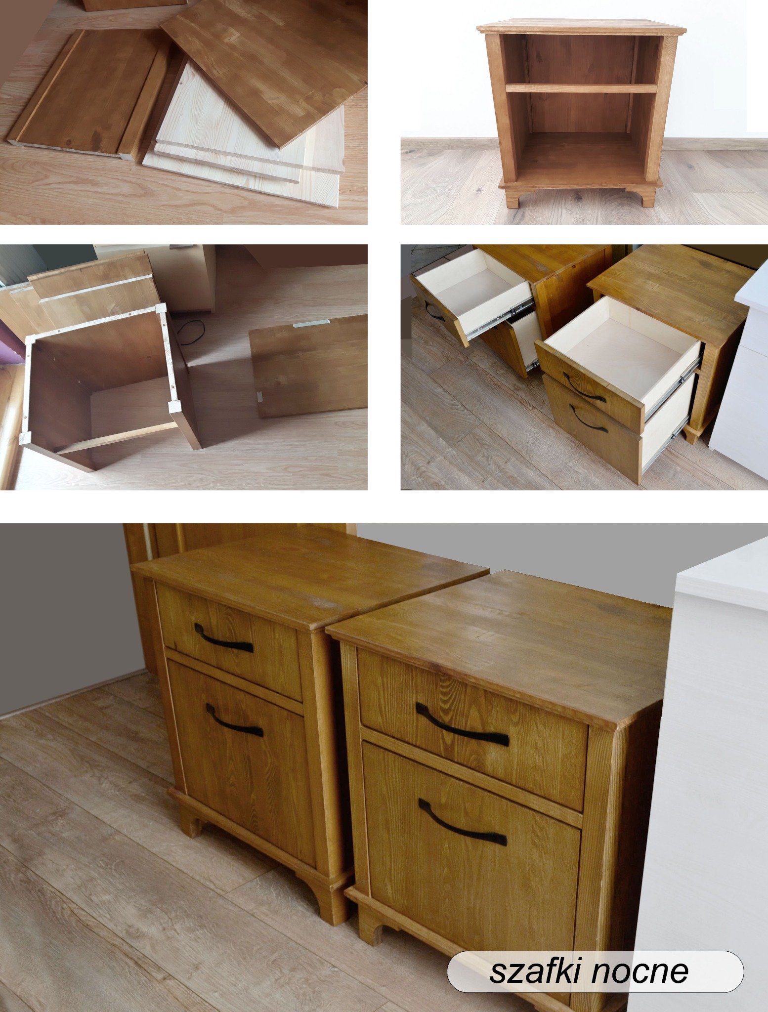 Etapy tworzenia drewnianej szafki nocnej: od surowych desek, przez montaż korpusu i szuflad, po gotowe, rustykalne szafki z ciemnymi uchwytami.