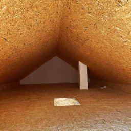 Kamil Seweryn - Poddasze wykończone płytami OSB, widoczny otwór w podłodze i pionowy element konstrukcyjny. Surowe wykończenie, przygotowanie do dalszych prac.