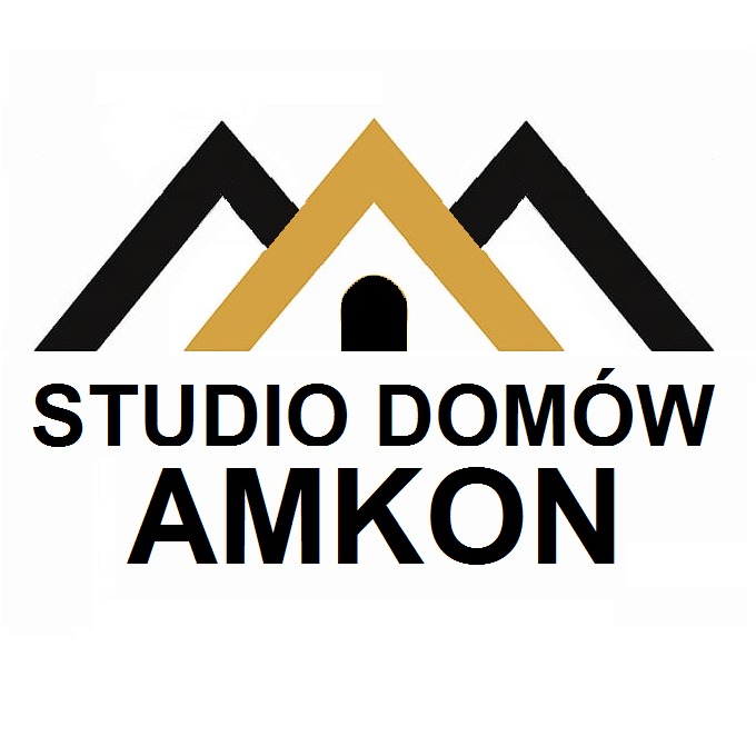 Logo firmy Studio Domów AMKON z graficznym symbolem domu w kolorach czarnym i złotym. Nazwa firmy wyraźnie widoczna, czcionka prosta i czytelna.