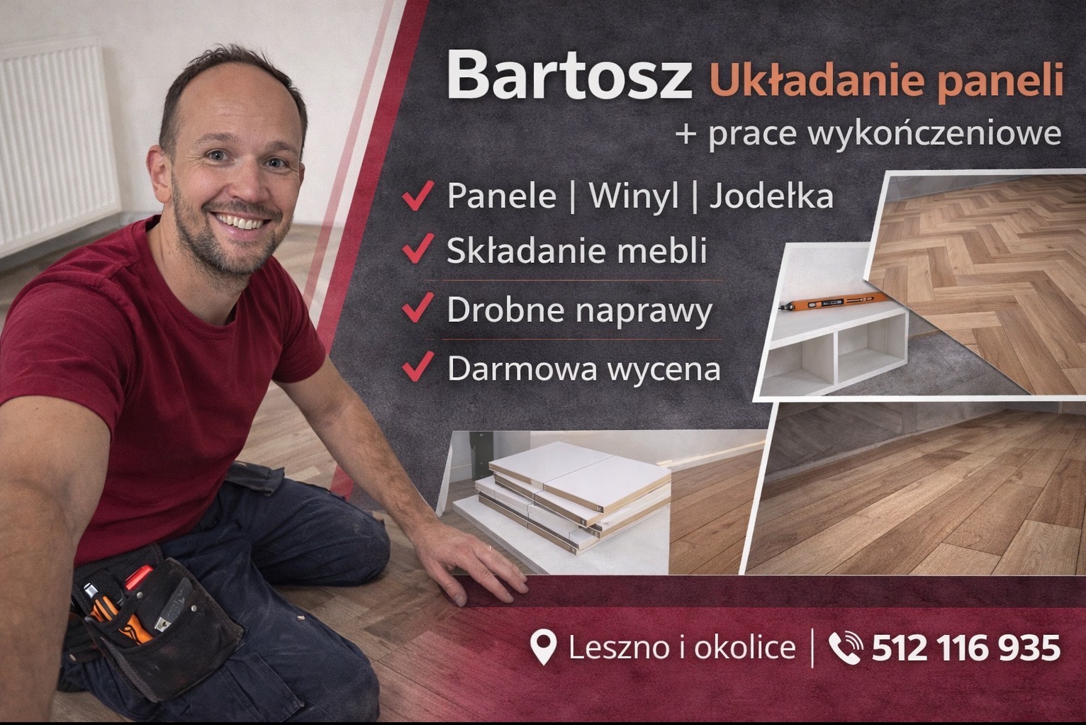 Mężczyzna uśmiecha się na tle grafiki z panelami jodełka, ofertą składania mebli, drobnych napraw i darmowej wyceny. Widoczne narzędzia w pasie.