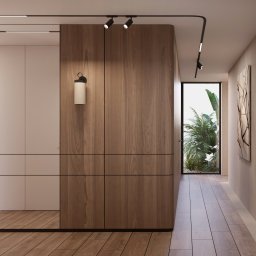 NOEMA Dorota Szafrańska - Nowoczesny korytarz z drewnianą zabudową, oświetleniem punktowym i widokiem na zieleń przez okno. Minimalistyczny design z akcentami naturalnego drewna.
