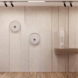 NOEMA Dorota Szafrańska - Beżowa ściana z dekoracyjnymi panelami, okrągłymi lampami, rzeźbą i drewnianą konsolą. Wazon z rośliną przy oknie z widokiem na zieleń. Parkiet na podłodze.
