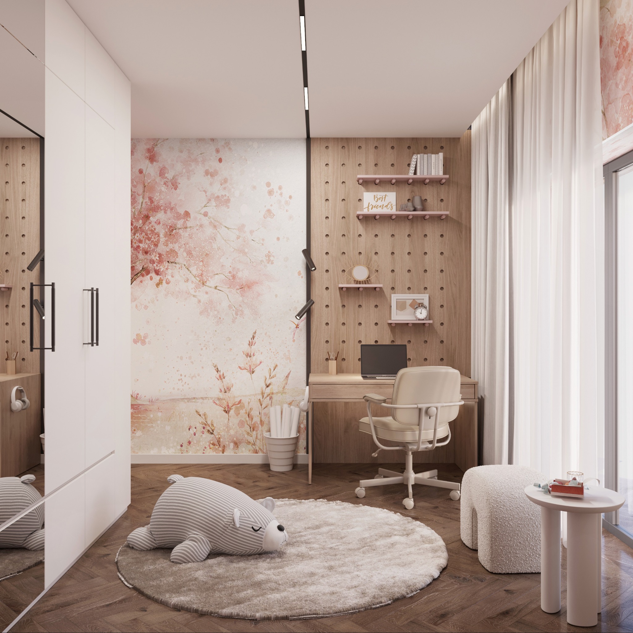 Pokój dziecięcy z biurkiem, krzesłem i tapetą w kwiaty wiśni. Drewniana ściana z półkami i dekoracjami. Na podłodze okrągły dywan i pluszowy miś.