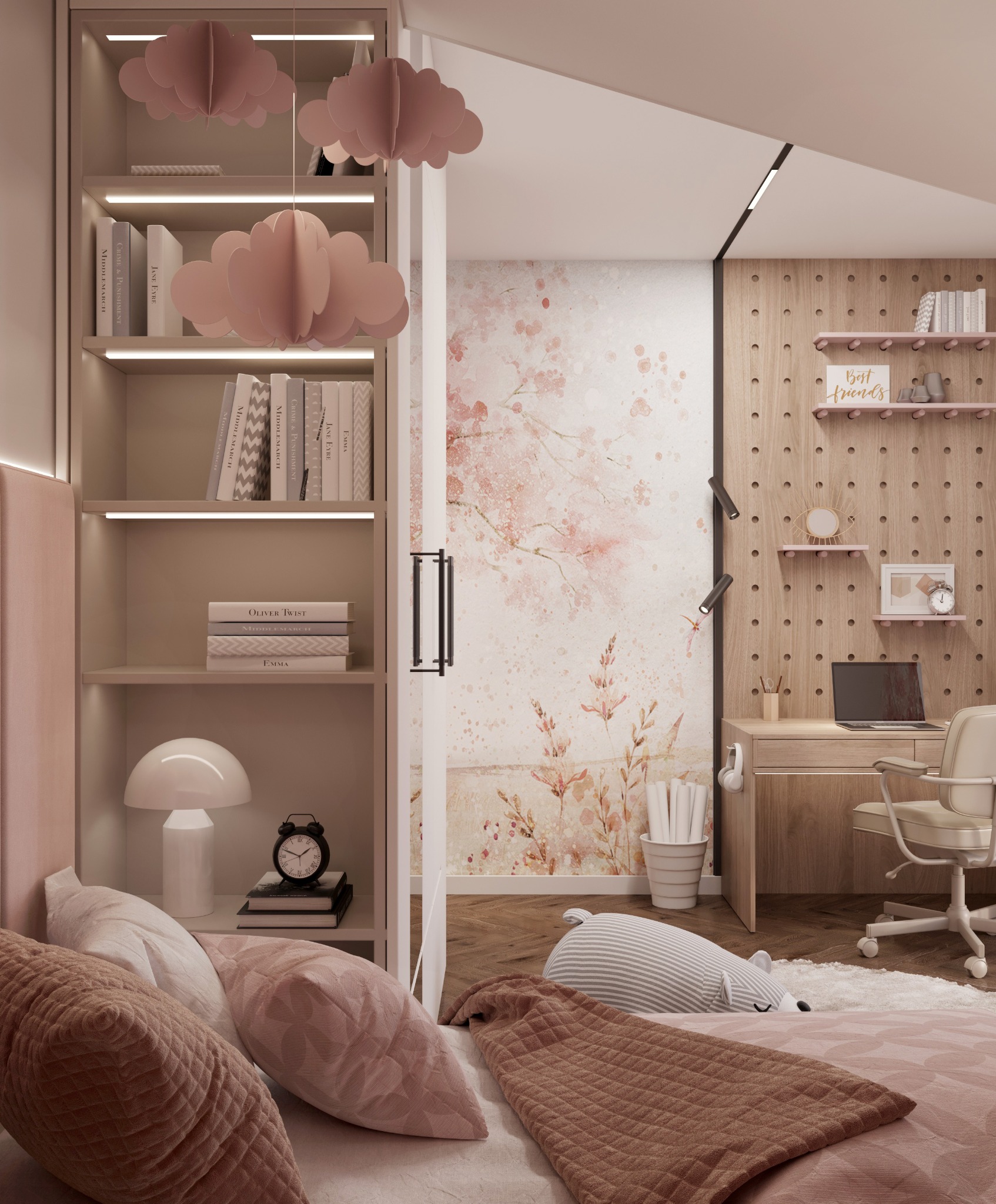 Pokój dziecięcy w pastelowych barwach: łóżko z dekoracyjnymi poduszkami, biurko z laptopem, regał z książkami i lampą, ściana z motywem kwiatowym i tablica z półkami.