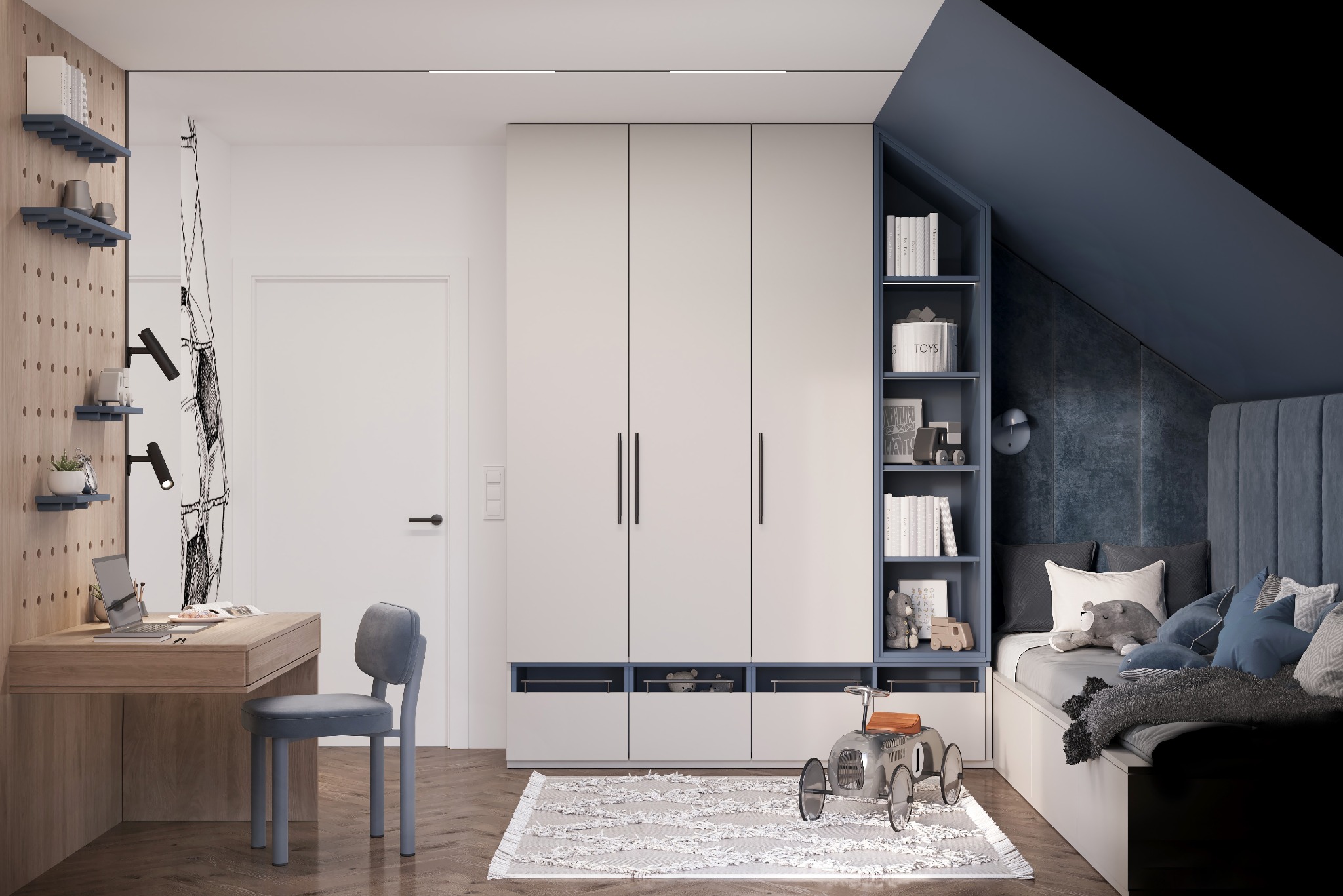 Pokój dziecięcy w skandynawskim stylu: drewniane biurko z laptopem, biała szafa z niebieskimi akcentami, łóżko z pluszakami i zabawkowy samochód na dywanie.