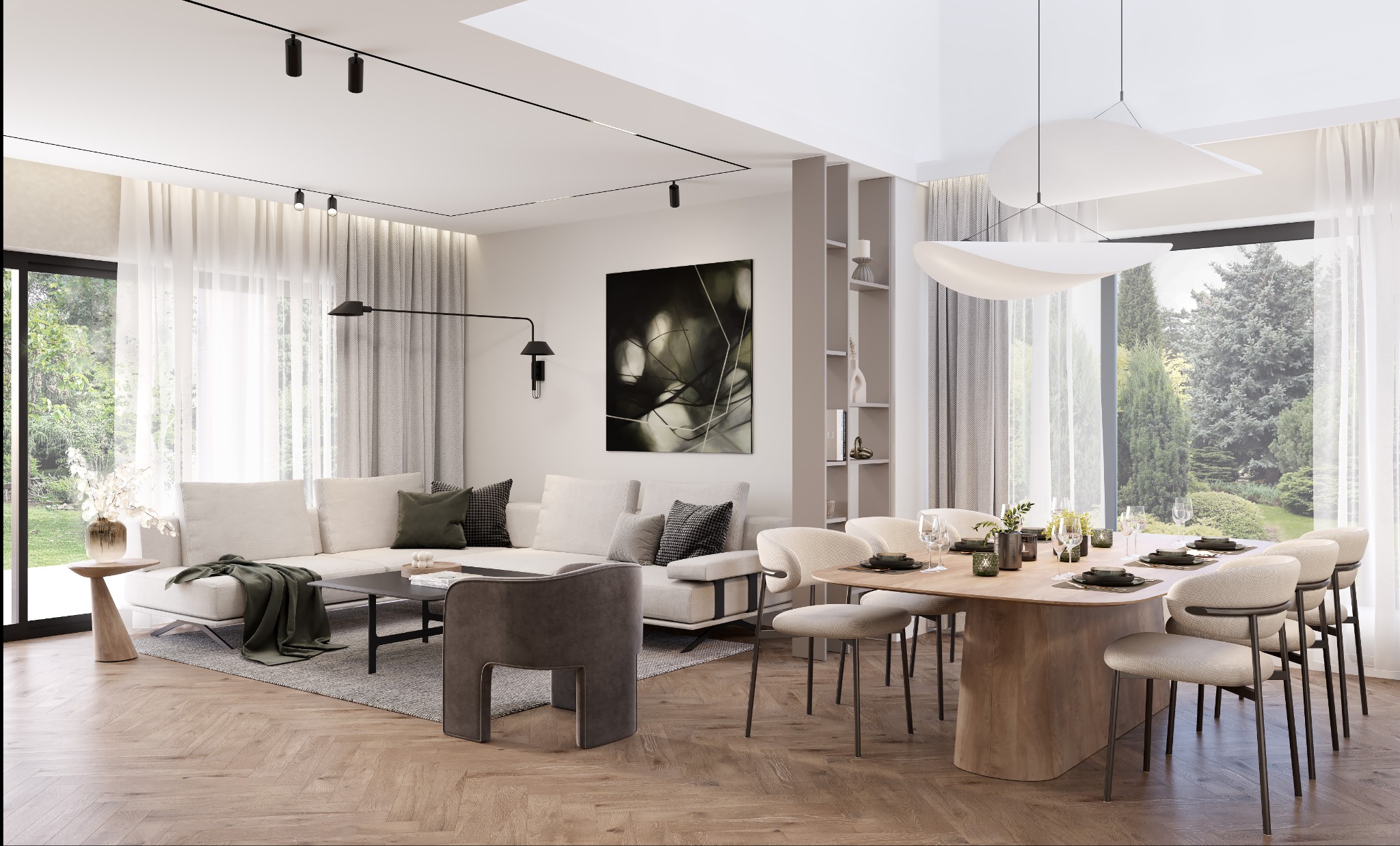 Jasne, przestronne wnętrze: salon z sofą i jadalnia z drewnianym stołem. Duże okna z widokiem na zieleń. Minimalistyczne oświetlenie i dekoracje. Parkiet w jodełkę.