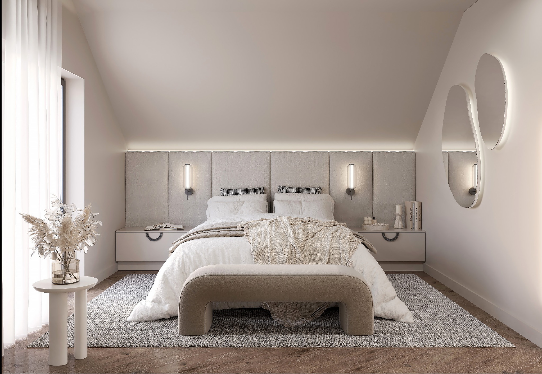 Jasna sypialnia na poddaszu z łóżkiem, tapicerowanym wezgłowiem i asymetrycznym lustrem. Minimalistyczny design, drewniana podłoga, subtelne oświetlenie.