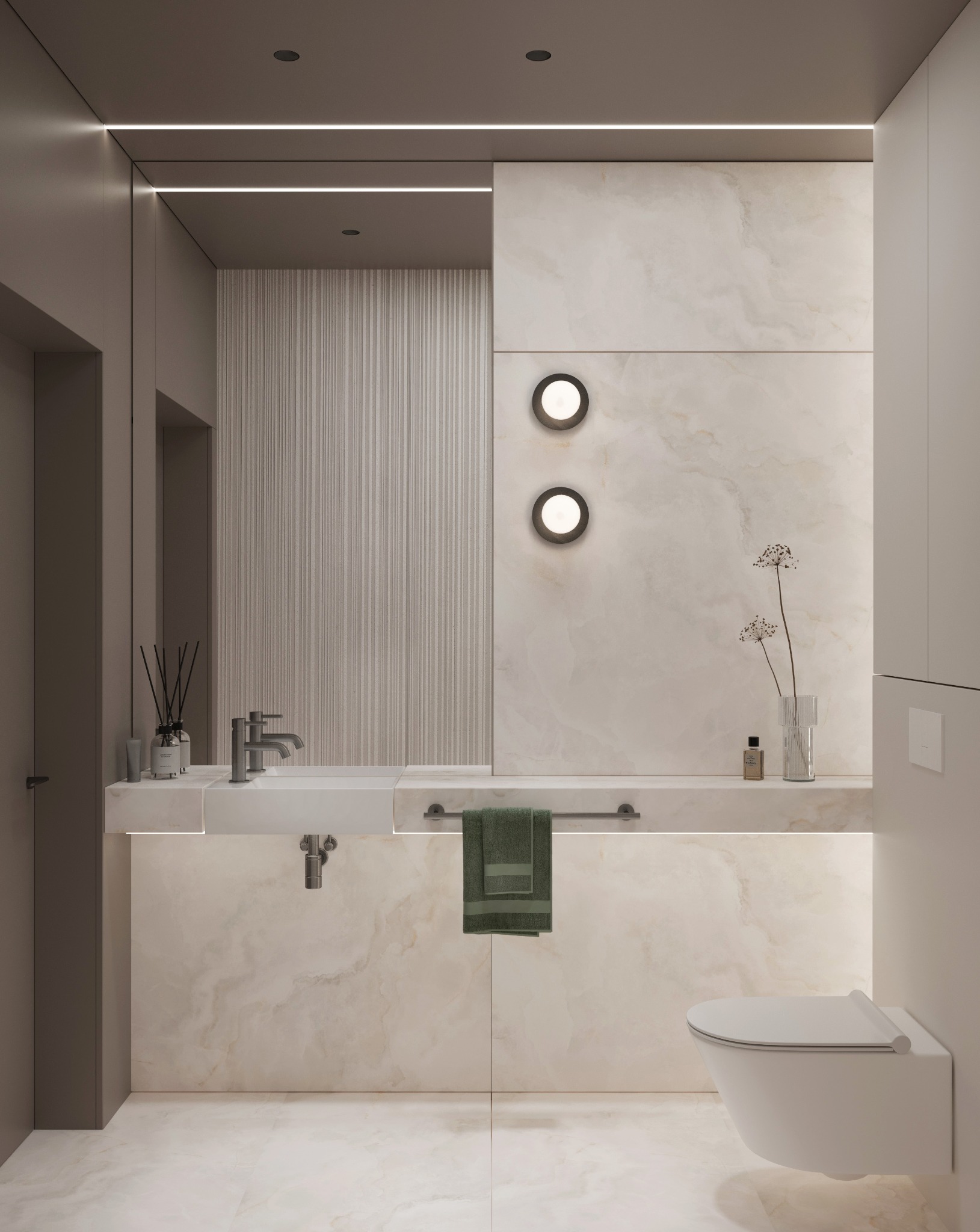 Nowoczesna łazienka z marmurowymi płytami, podświetlanym blatem z umywalką, minimalistyczną toaletą i dekoracyjnymi lampami ściennymi.