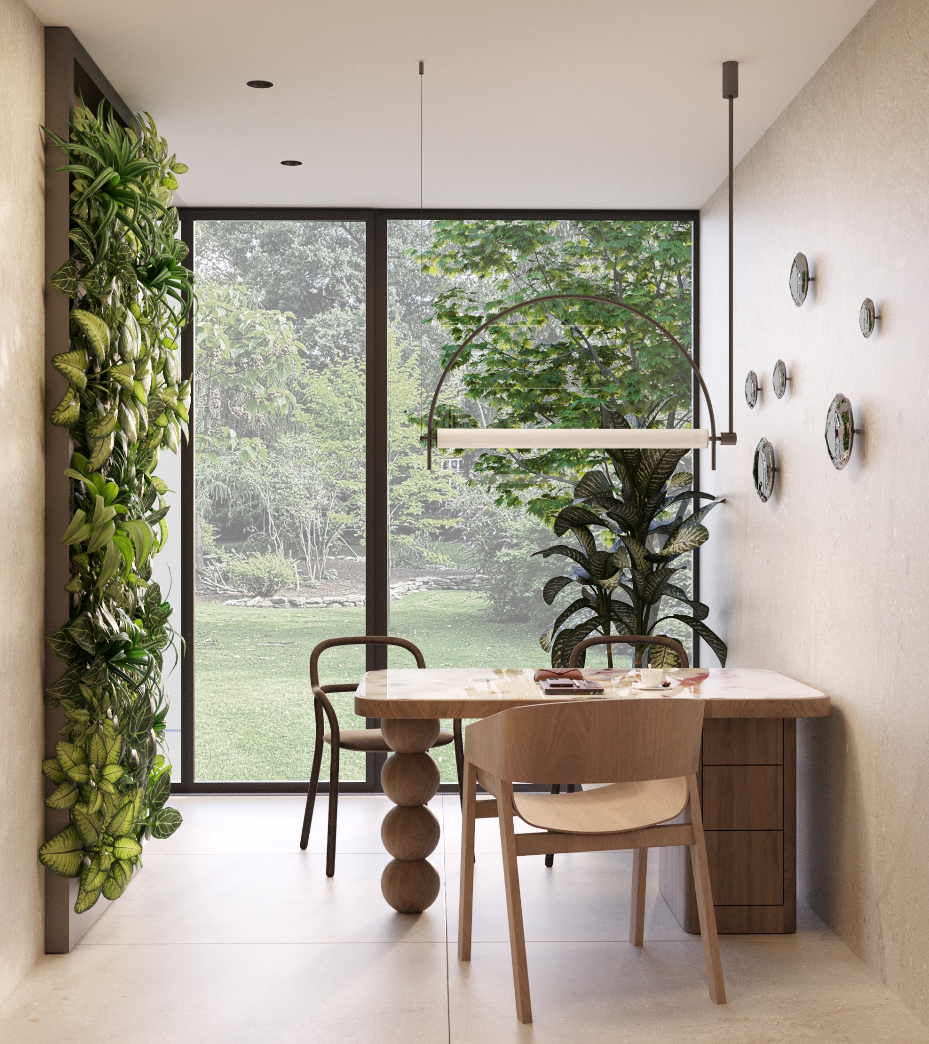 Nowoczesna jadalnia z pionową ścianą zieleni, drewnianym stołem na kulistej nodze i dużym oknem z widokiem na ogród. Minimalistyczne oświetlenie i dekoracje.
