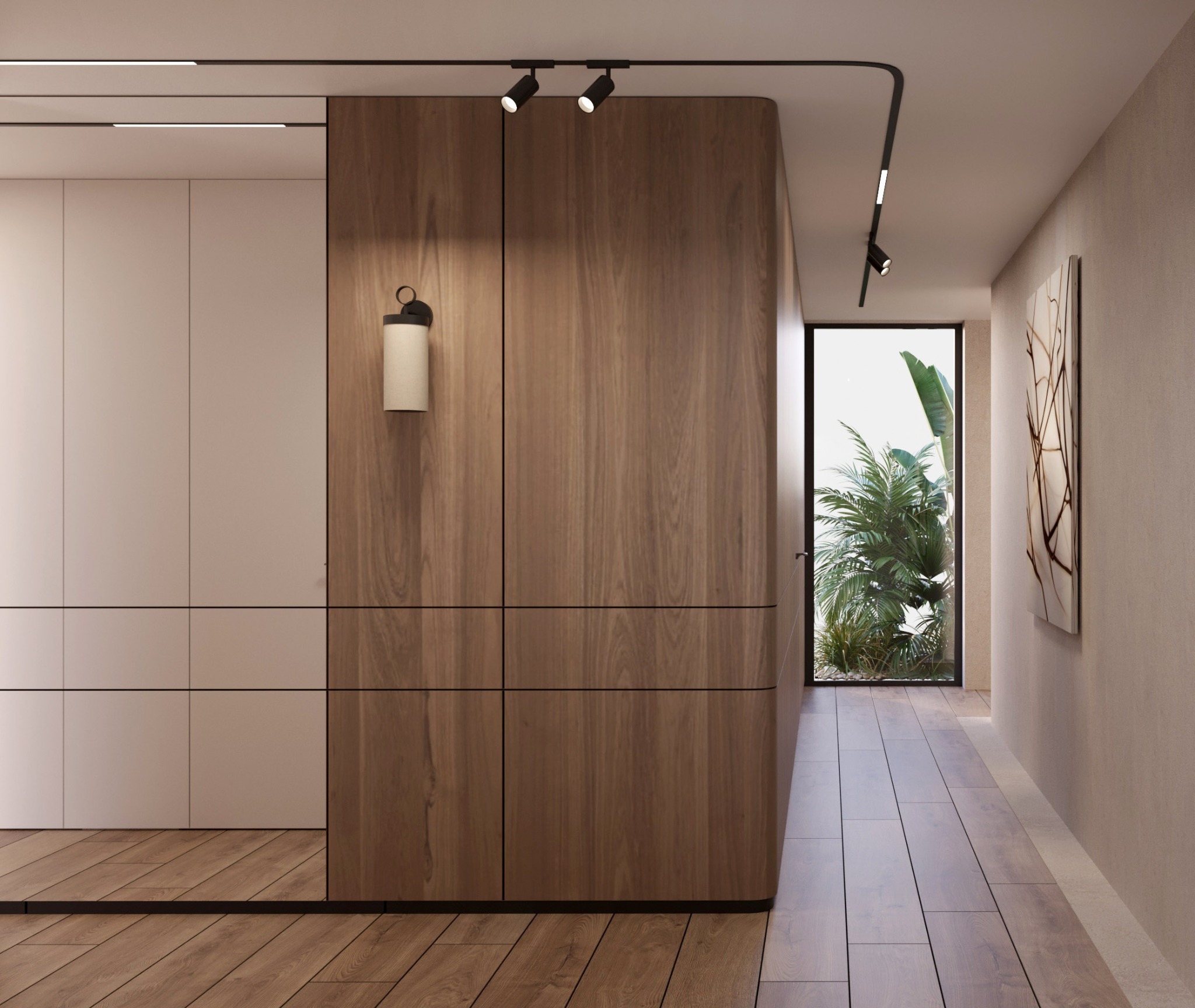 Nowoczesny korytarz z drewnianą zabudową, oświetleniem punktowym i widokiem na zieleń przez okno. Minimalistyczny design z akcentami naturalnego drewna.