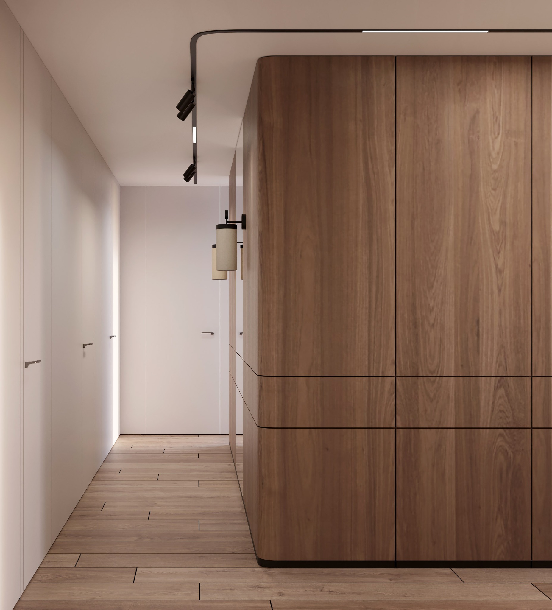 Nowoczesny korytarz z drewnianą zabudową i oświetleniem punktowym. Minimalistyczny design, jasne ściany i podłoga z paneli. Widoczne detale wykończenia i precyzja wykonania.