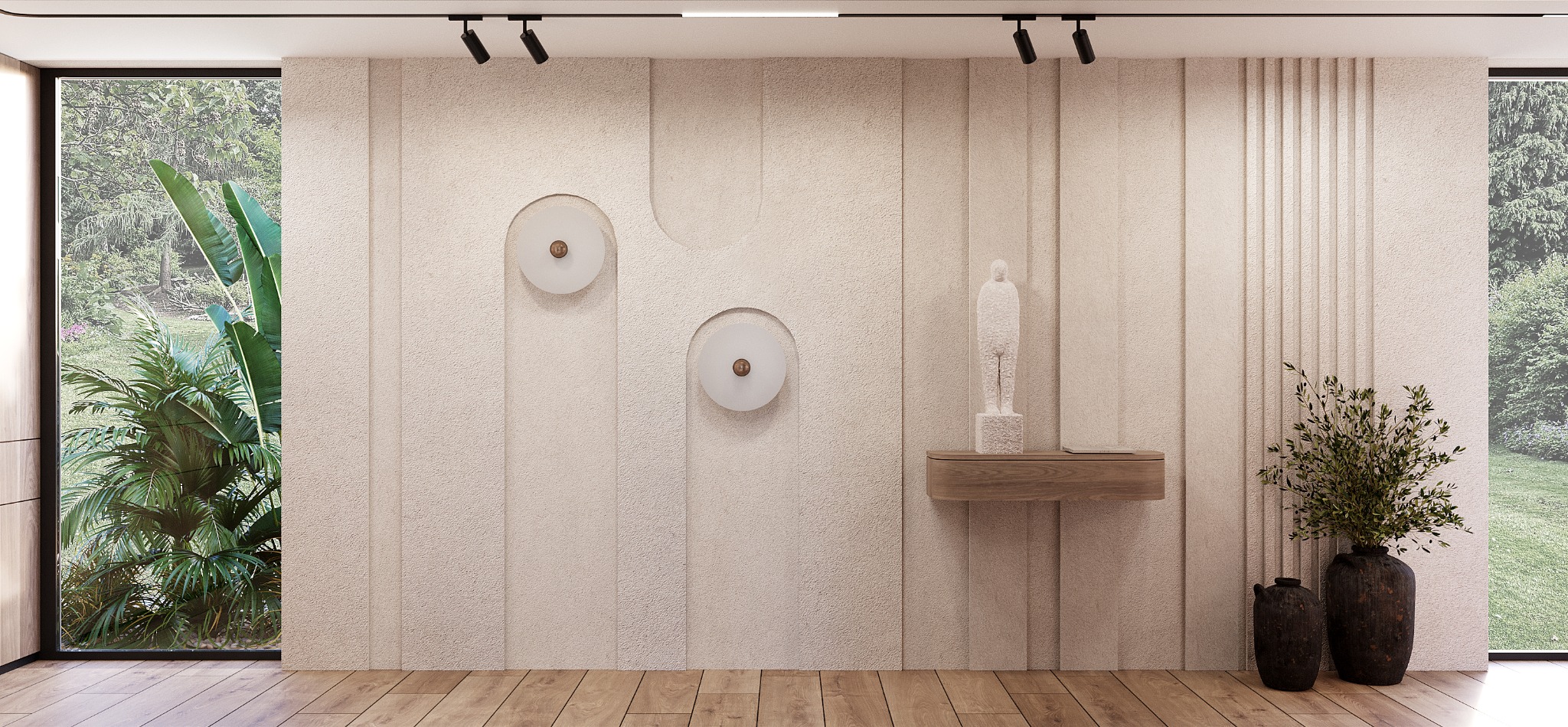 Beżowa ściana z dekoracyjnymi panelami, okrągłymi lampami, rzeźbą i drewnianą konsolą. Wazon z rośliną przy oknie z widokiem na zieleń. Parkiet na podłodze.
