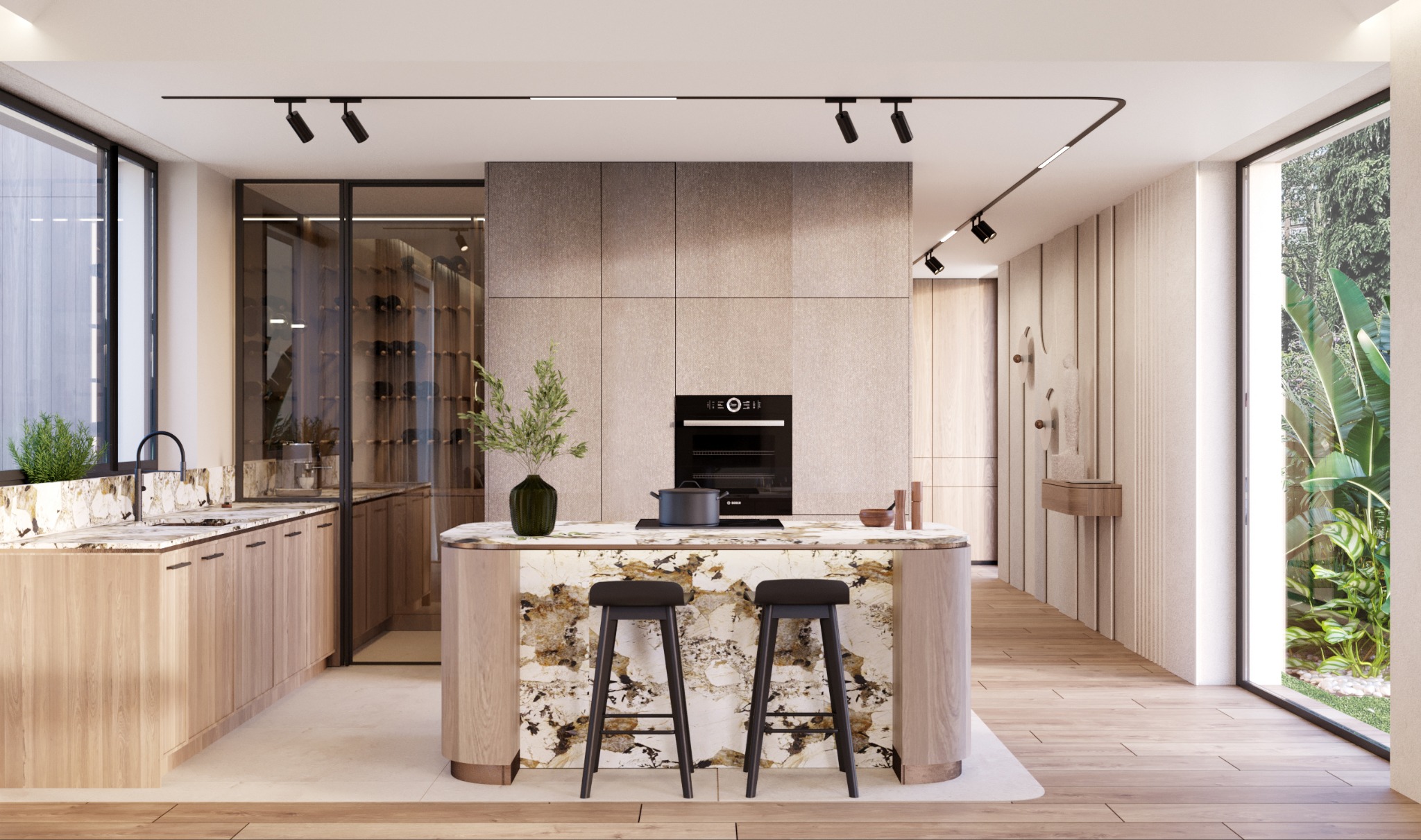 Nowoczesna kuchnia z wyspą o marmurowym blacie, drewnianymi szafkami i oknem z widokiem na zieleń. Minimalistyczne oświetlenie punktowe i szklana witryna na wino.