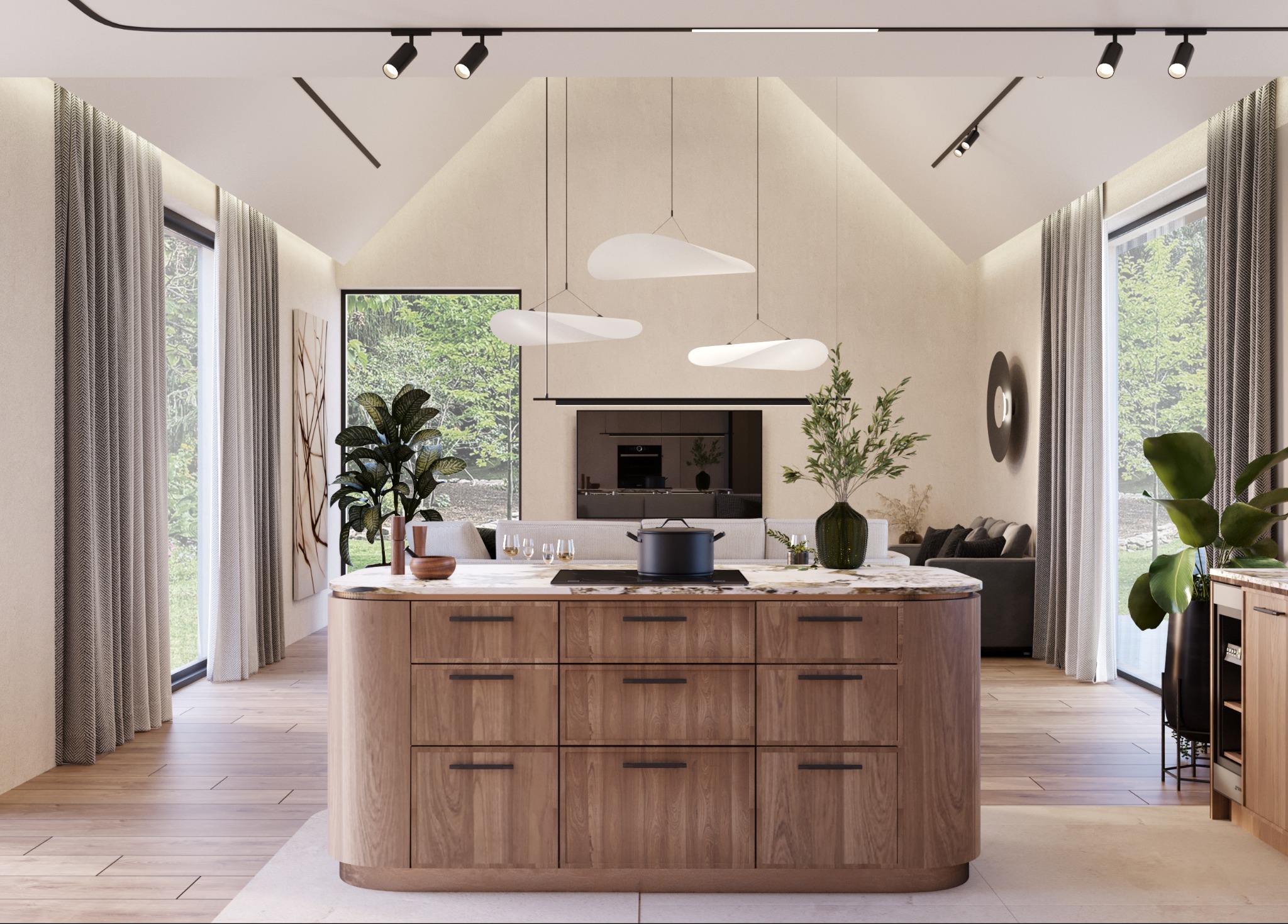Nowoczesna kuchnia z wyspą i drewnianymi frontami szafek. Minimalistyczne lampy wiszące i duże okna z widokiem na zieleń. Czarny garnek na płycie indukcyjnej.